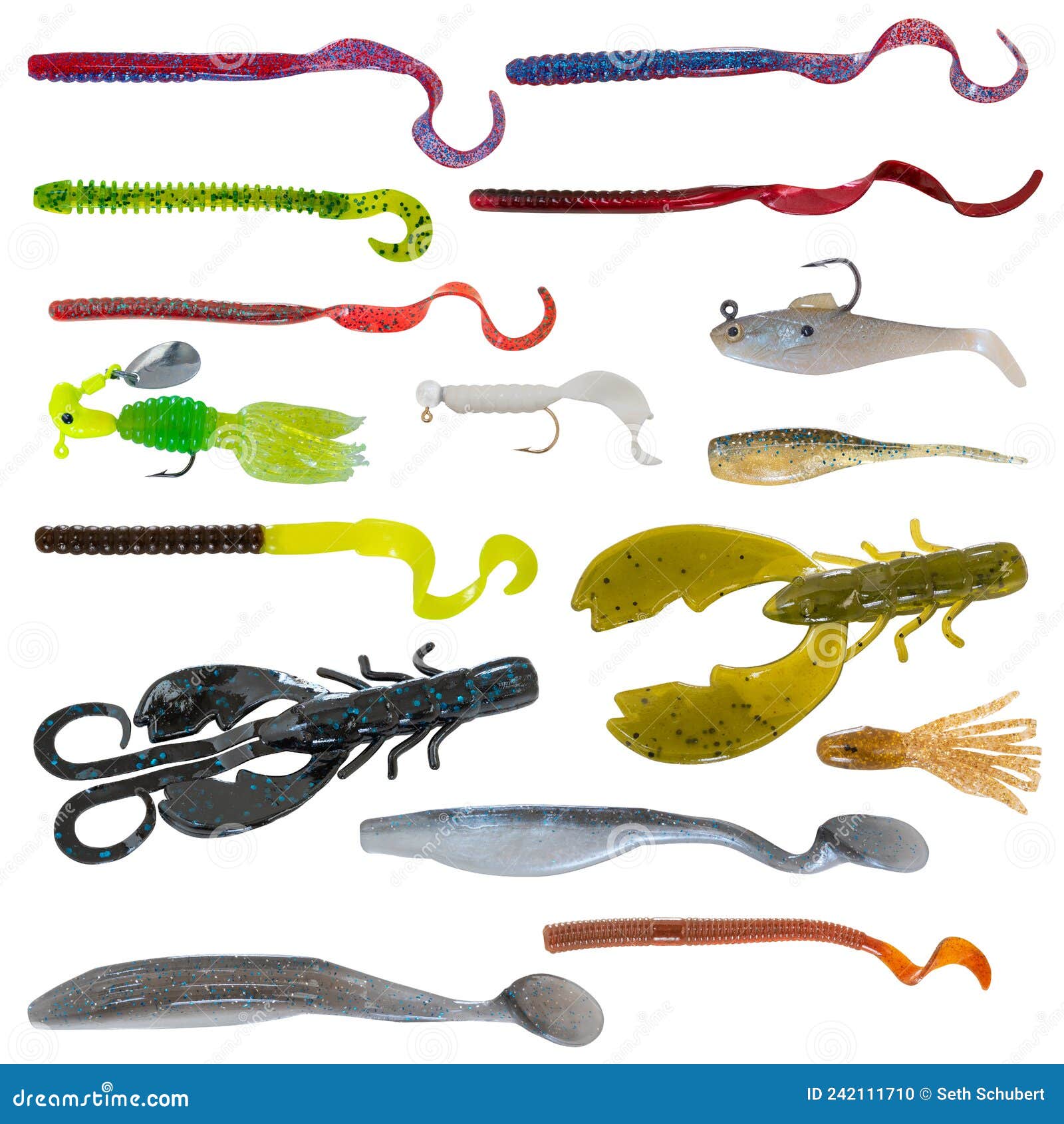 Variety of Artificial Fishing Lures Isolated on a White Background Stock  Photo - Image of crawdad, gray: 242111710