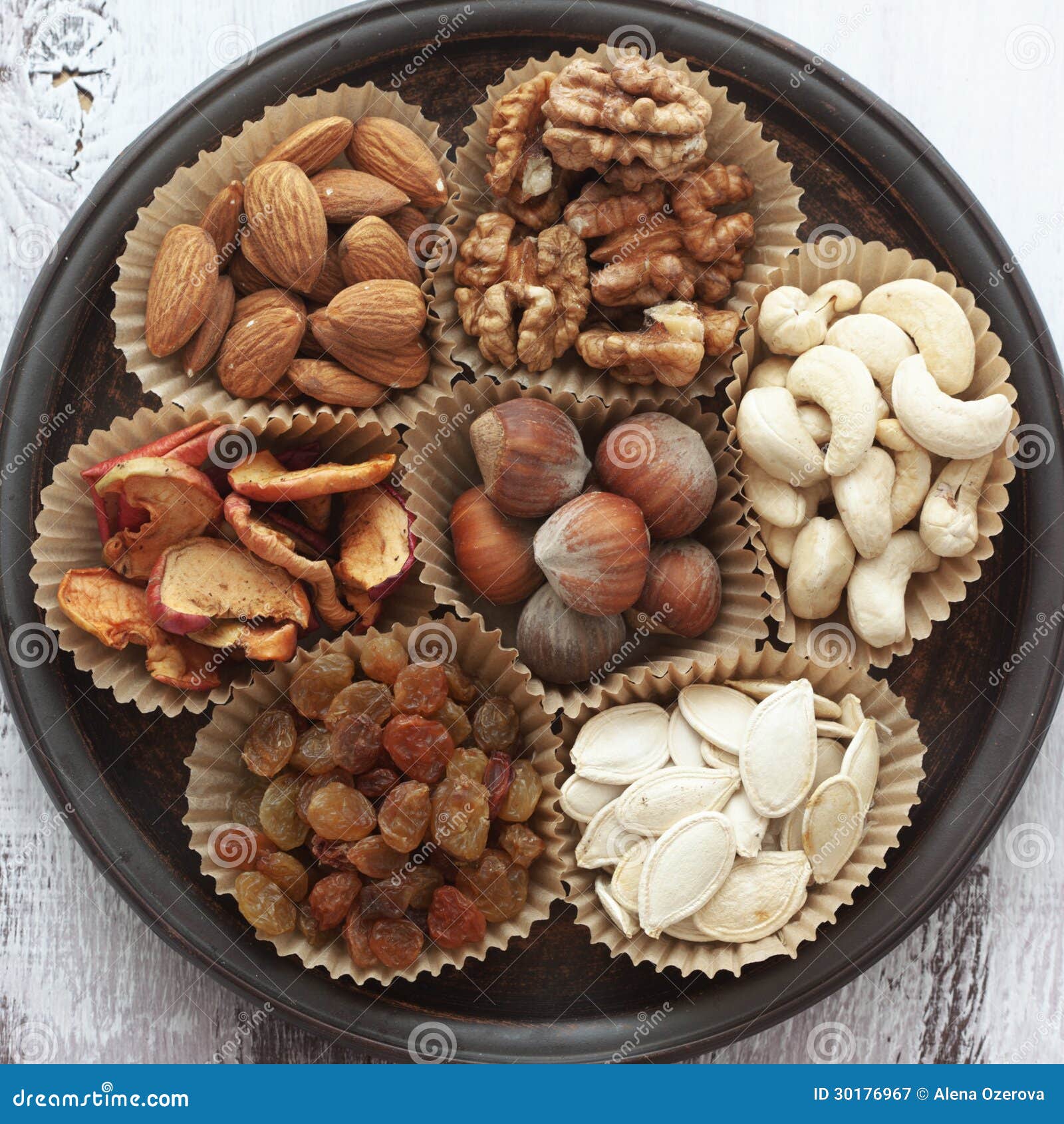 Variety of 7 assorted nuts and dried fruits