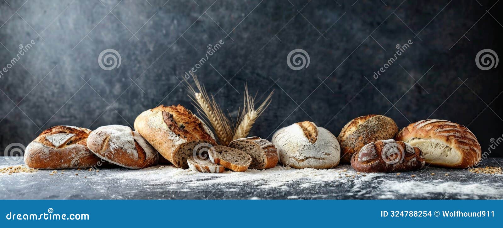 a variety of bread, including sourdough and rye, spread out on a flour-dusted surface. the