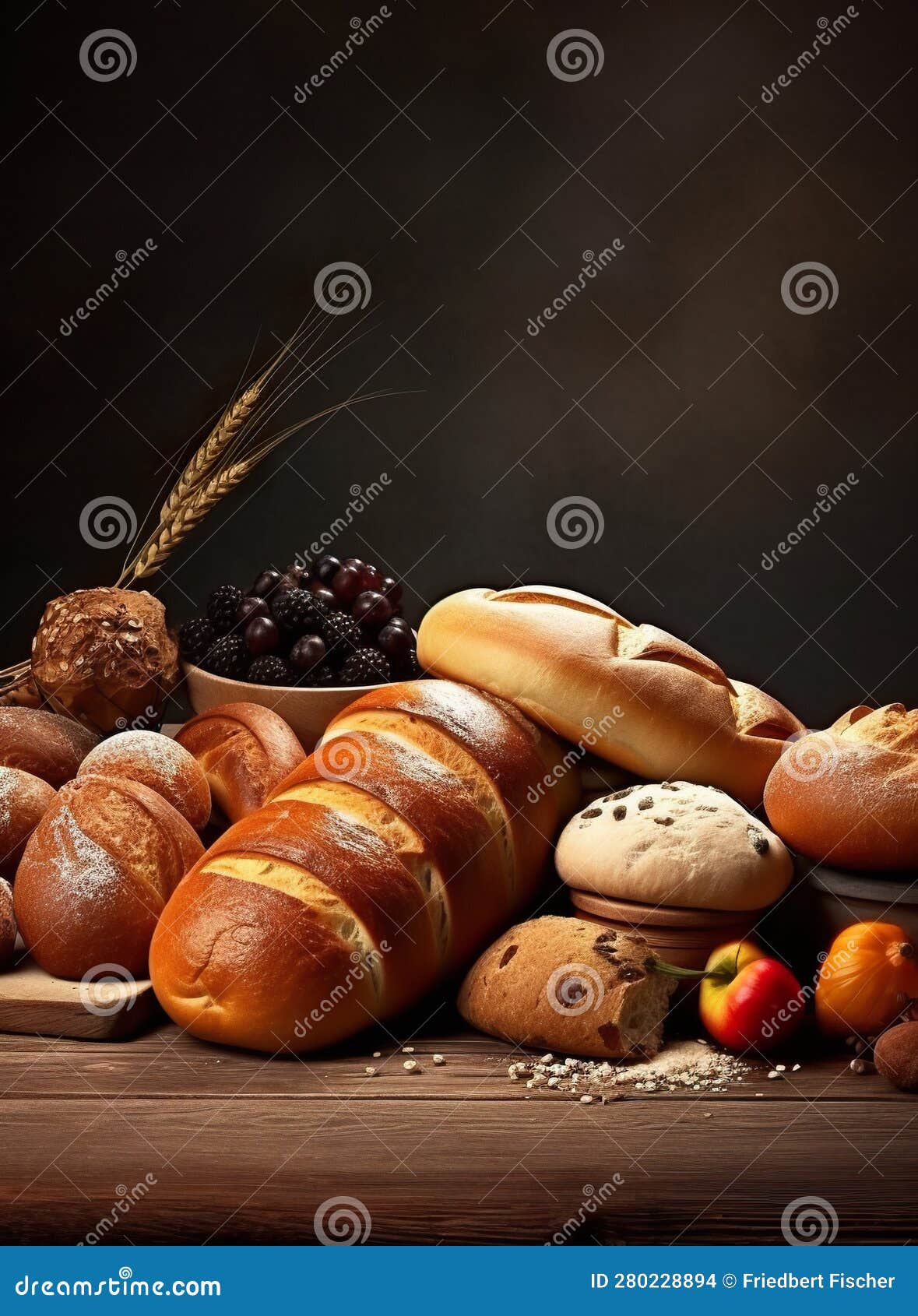 A Variety of Breads and Pastries on a Table. Generative AI Image. Copy
