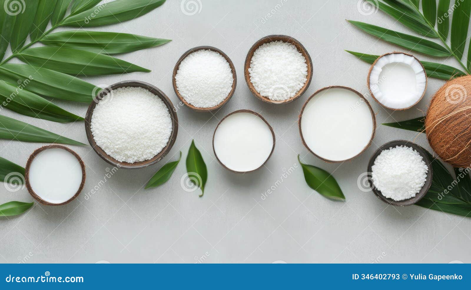 variety of coconut products arranged with leaves and a whole coconut on a gray background
