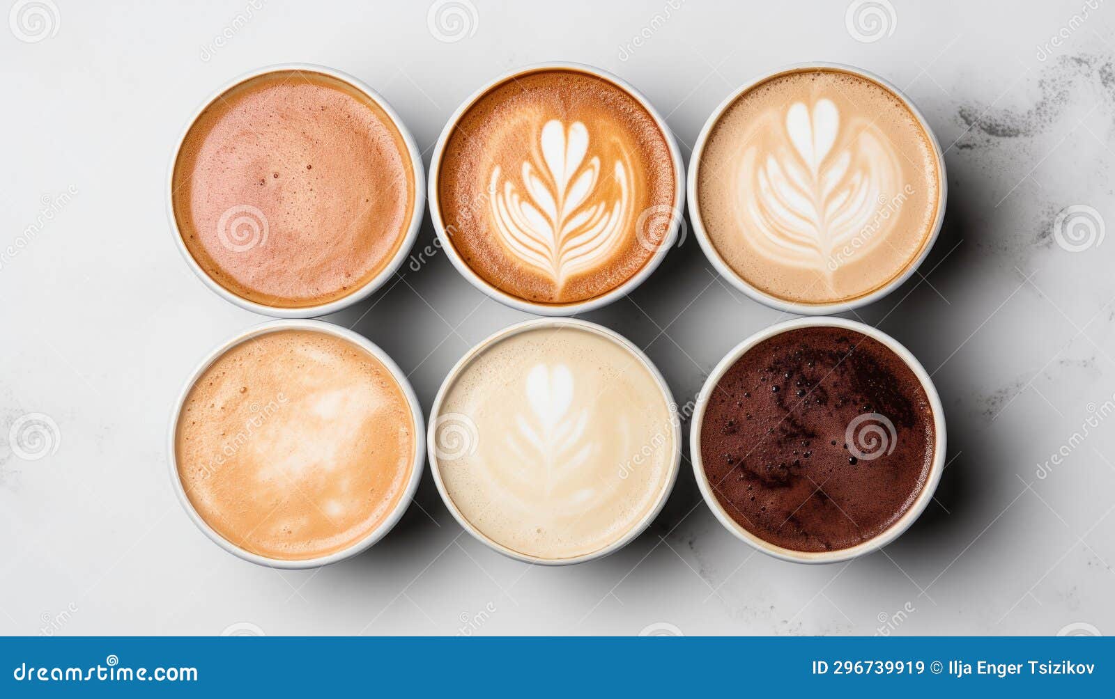 Variety of Coffee Mugs Arranged on a White Stone Table, Captured from an Overhead Perspective