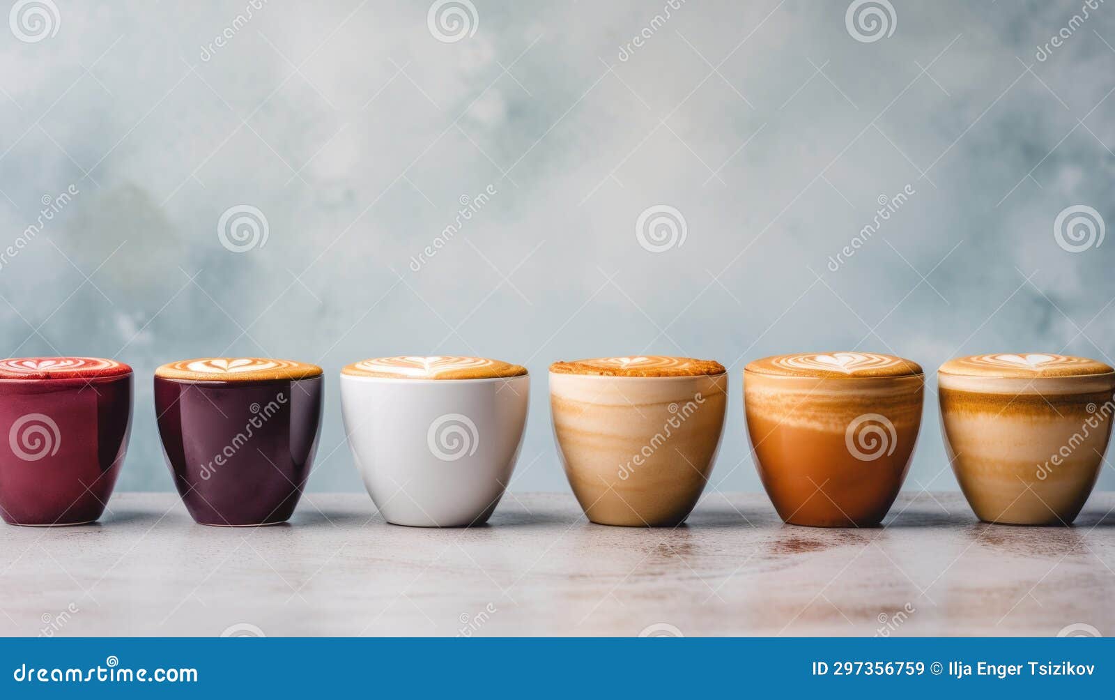 Variety of Coffee Mugs Showcased on a Pristine White Stone Table from an Overhead Perspective