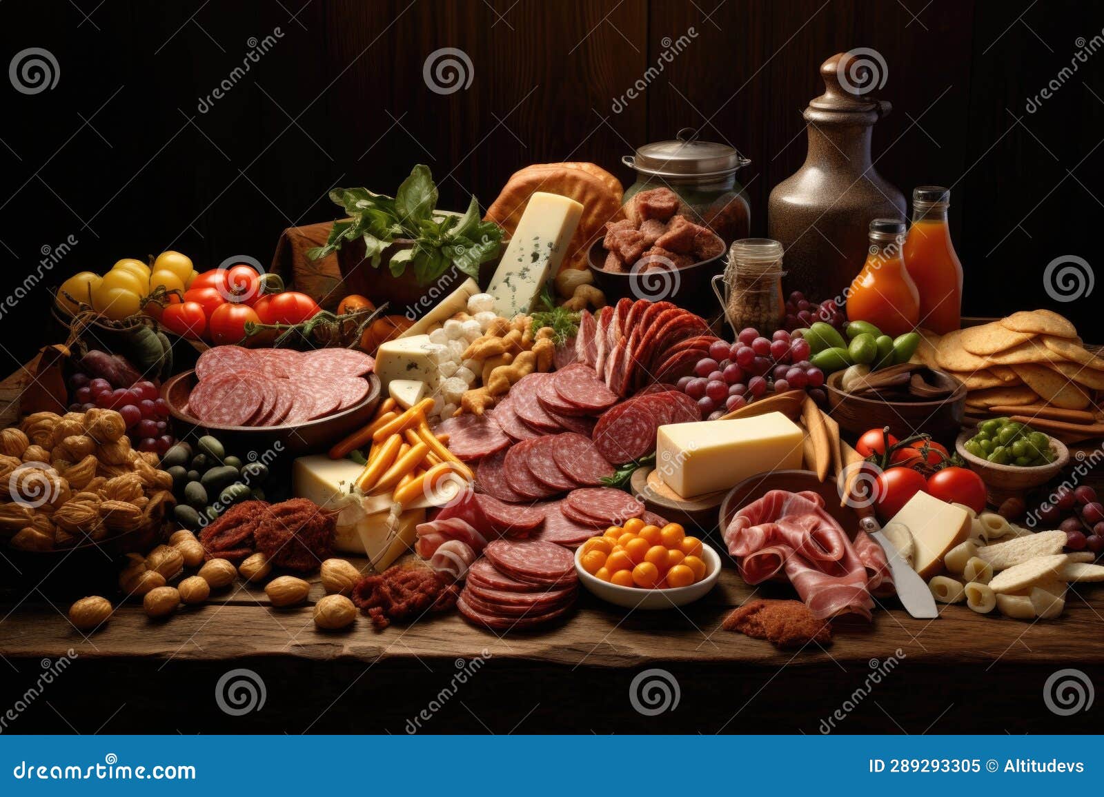 Variety of Cold Cuts, Cheese and Vegetables Spread Out Stock Image