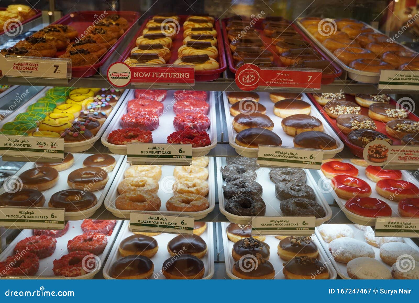 Variety of Delicious Donut in Showcase on Display at Bakery Cake Shop
