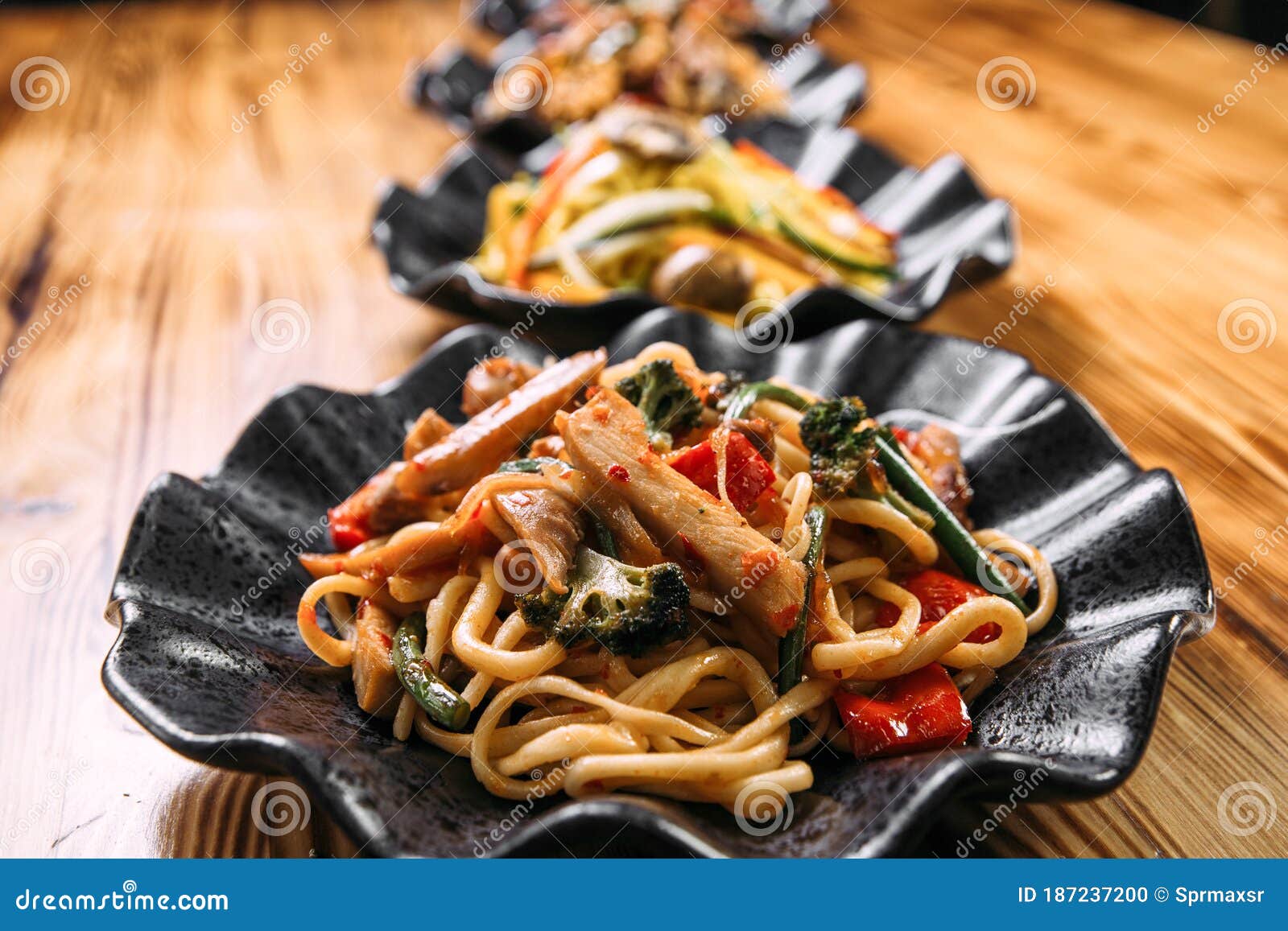 Variety of Different Noodle Dishes Asian Style Wok Stock Photo Image