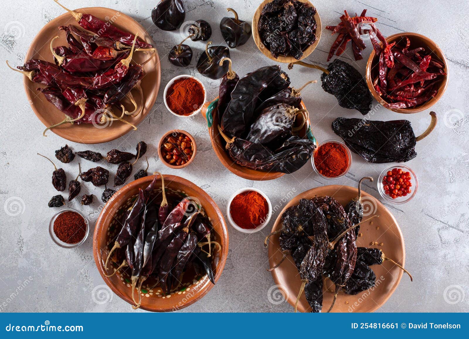 variety of dried chili peppers, top down