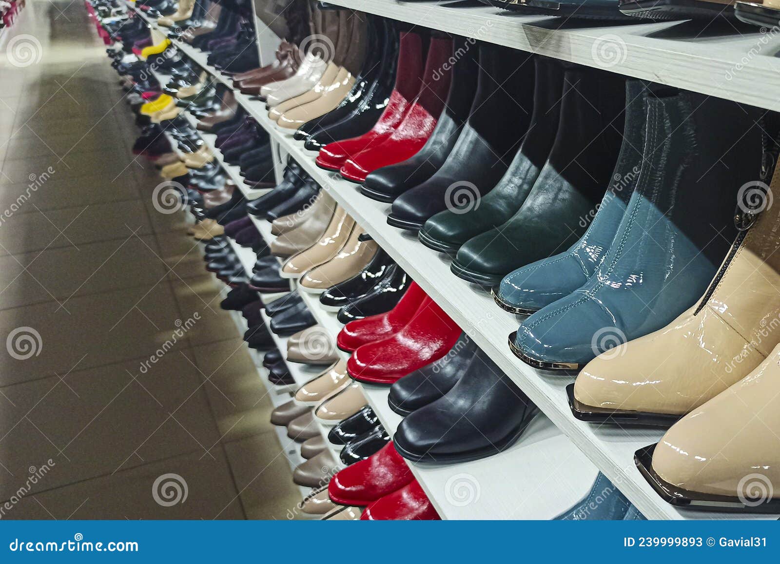 Variety of Female Boots on Shelves at Store Stock Image Image of