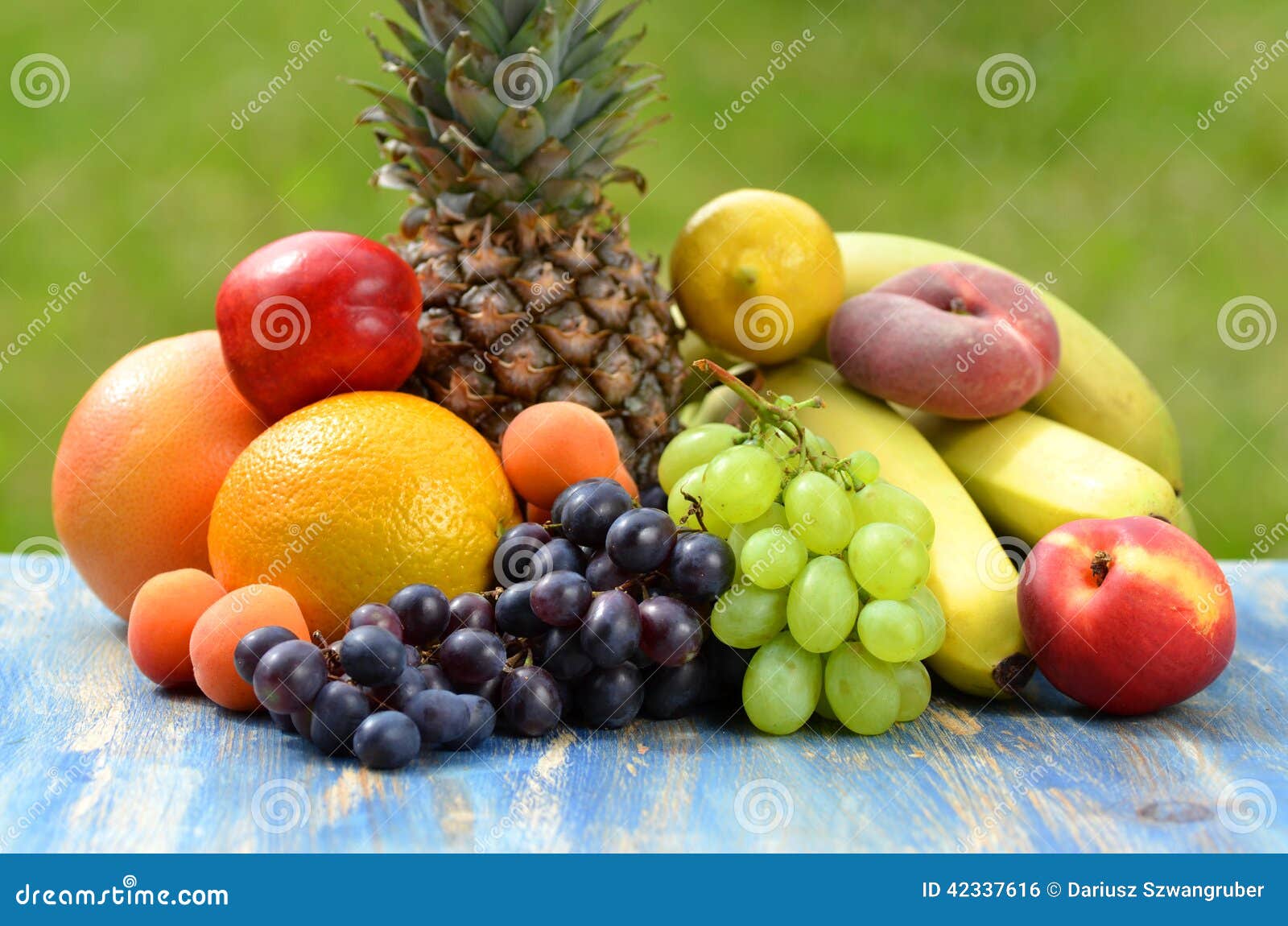 Variety of Fruits on Table in the Garden Stock Photo Image of diet