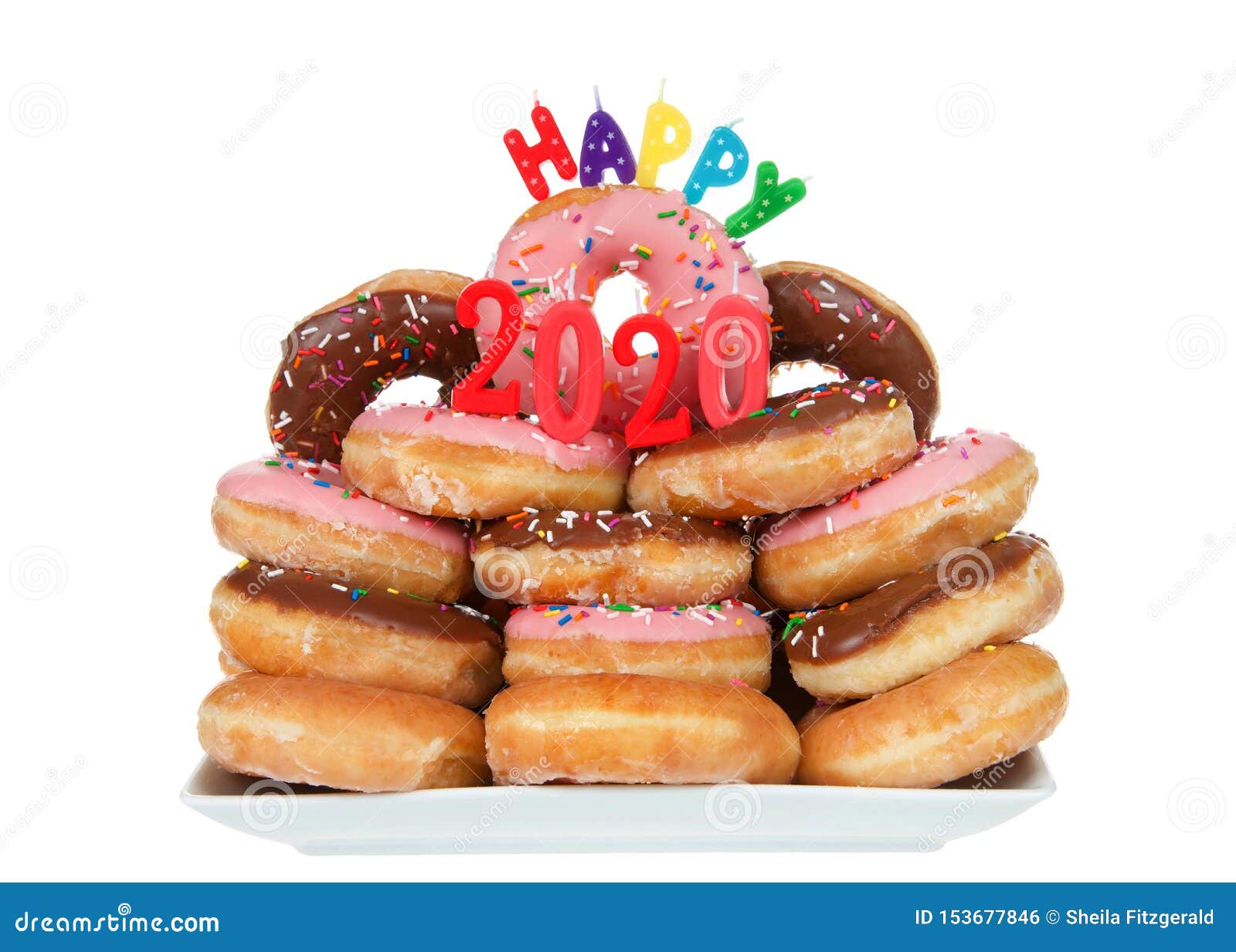 variety glazed donuts stacked happy candles isolated white happy new year theme donut cake plate happy candles 153677846