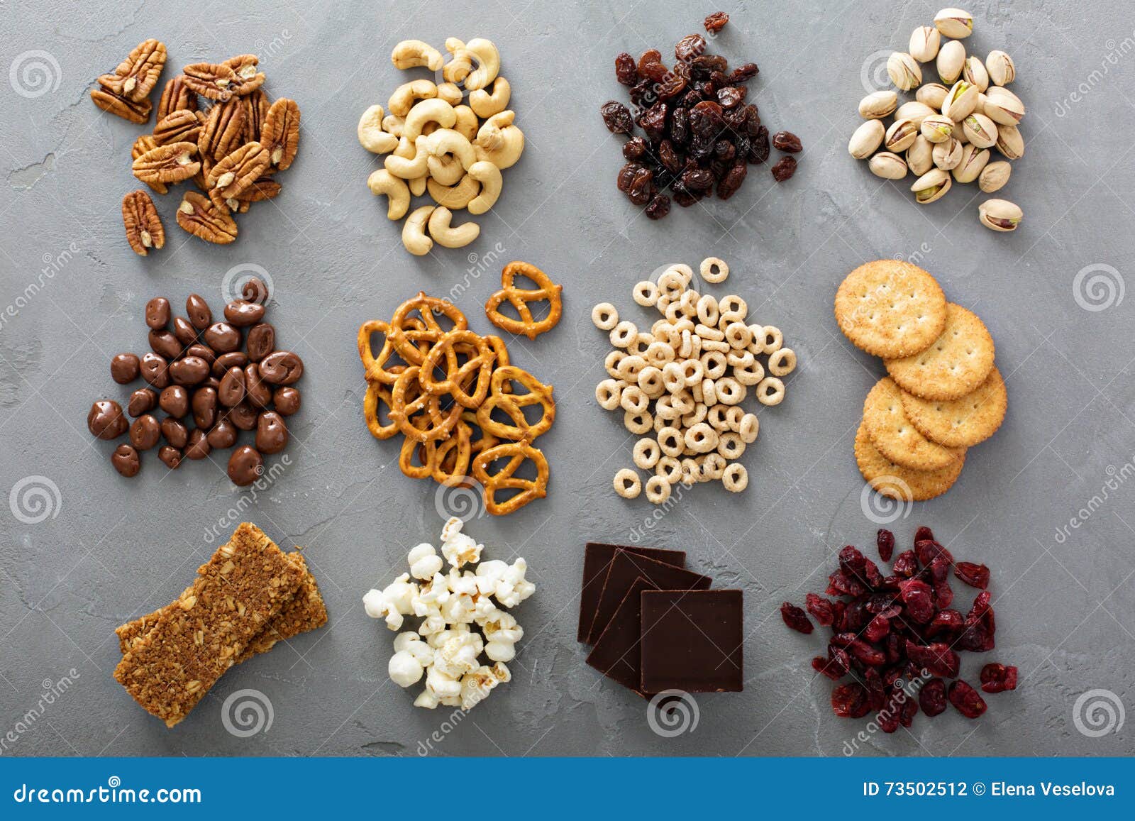 variety of healthy snacks overhead shot