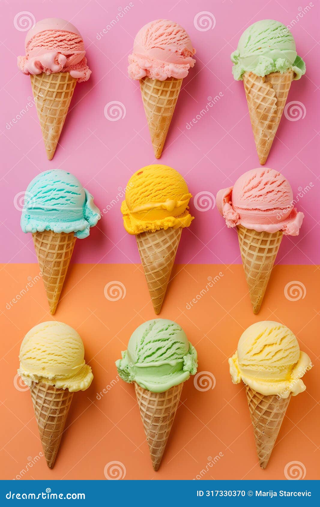 variety of ice cream cones with differenc flavours and colors