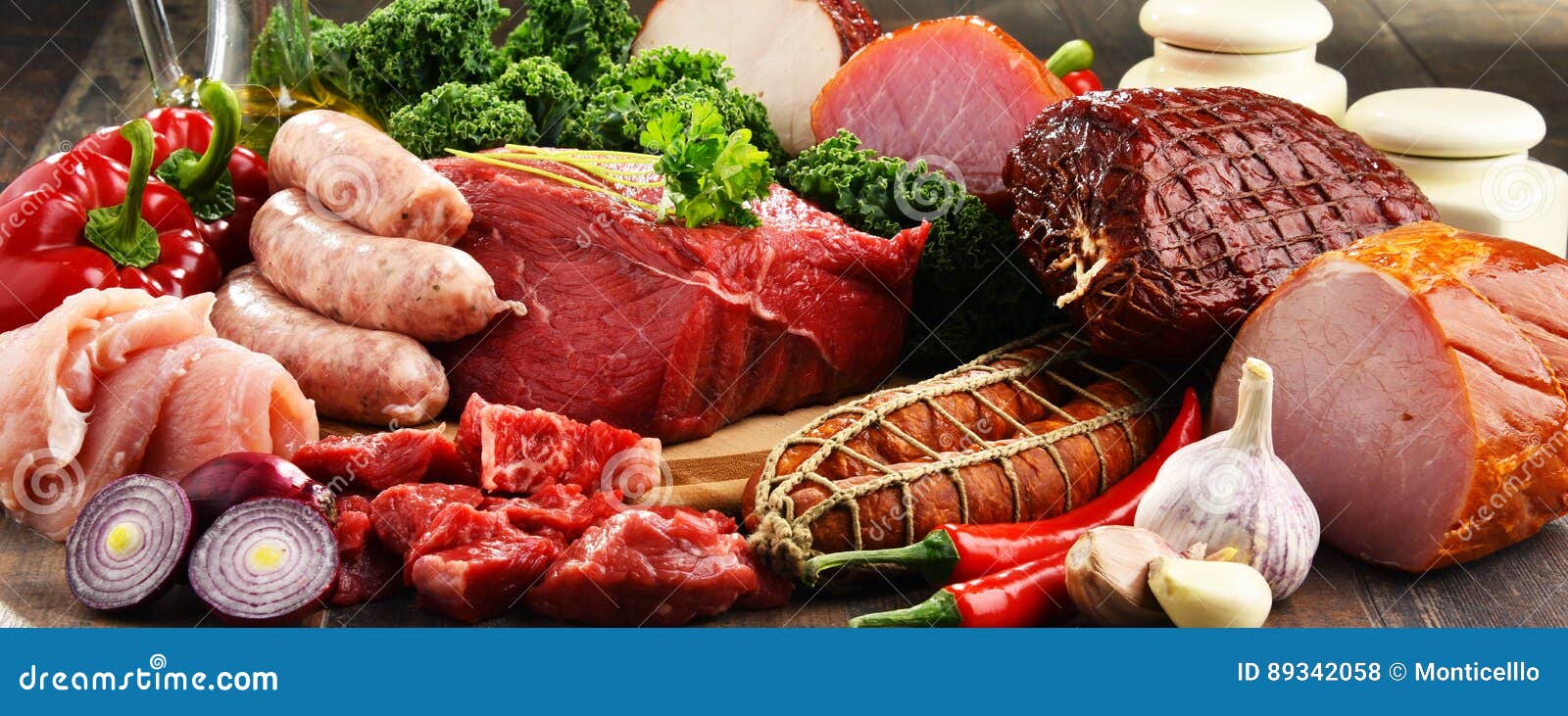 Variety of Meat Products Including Ham and Sausages Stock Photo Image