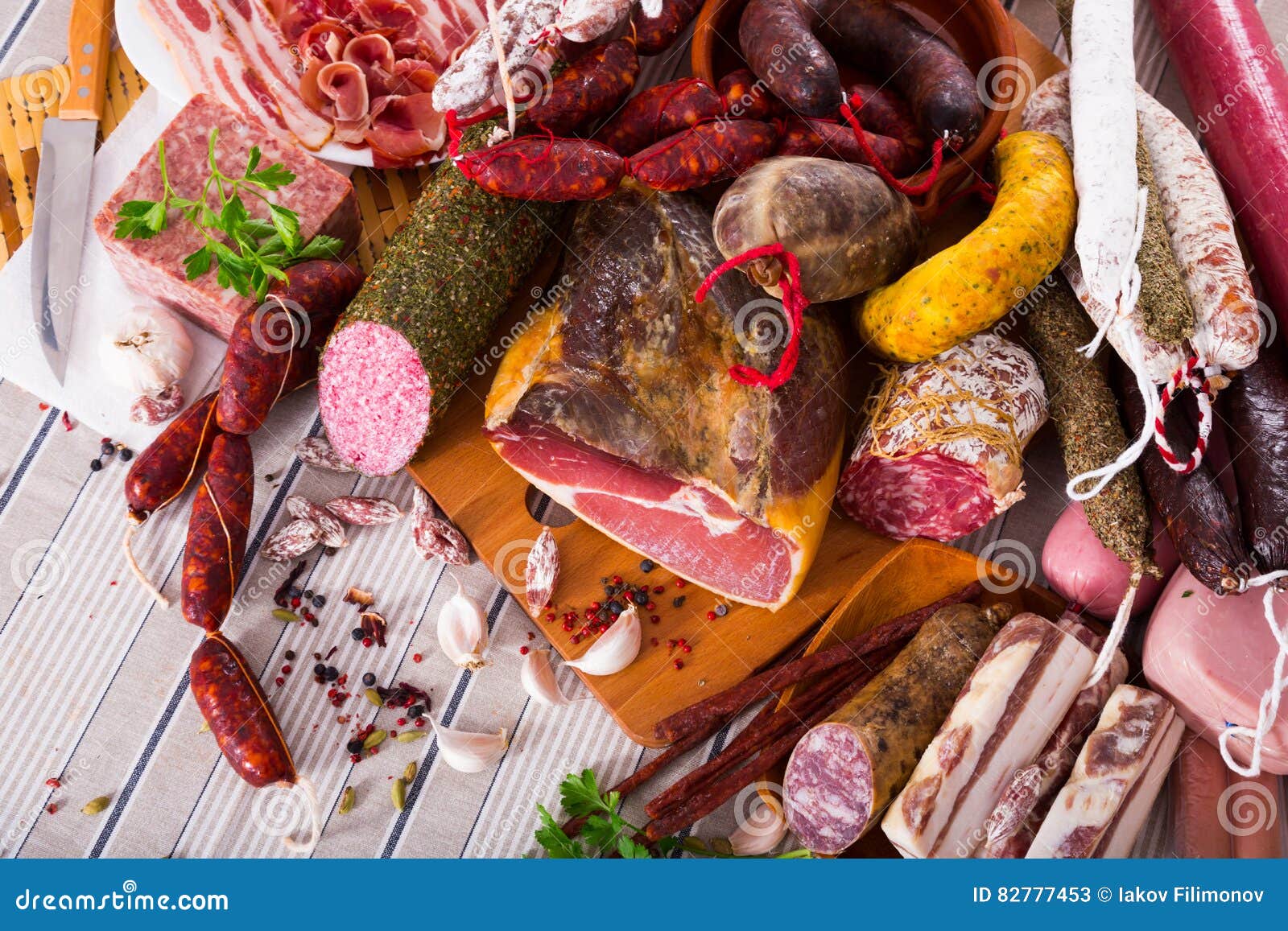 Variety of meats on table stock image. Image of sorts 82777453