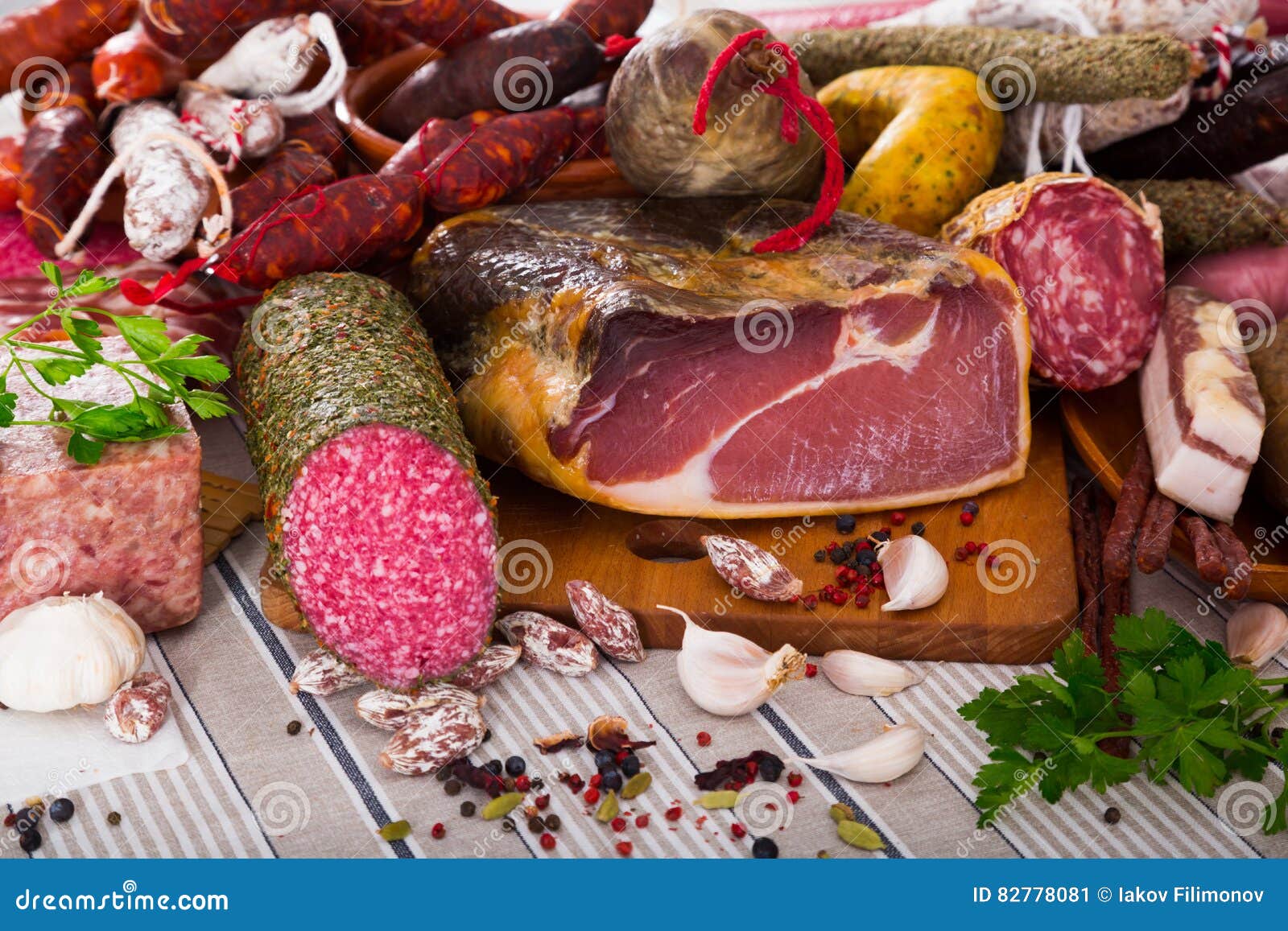 Variety of meats on table stock image. Image of bacon 82778081