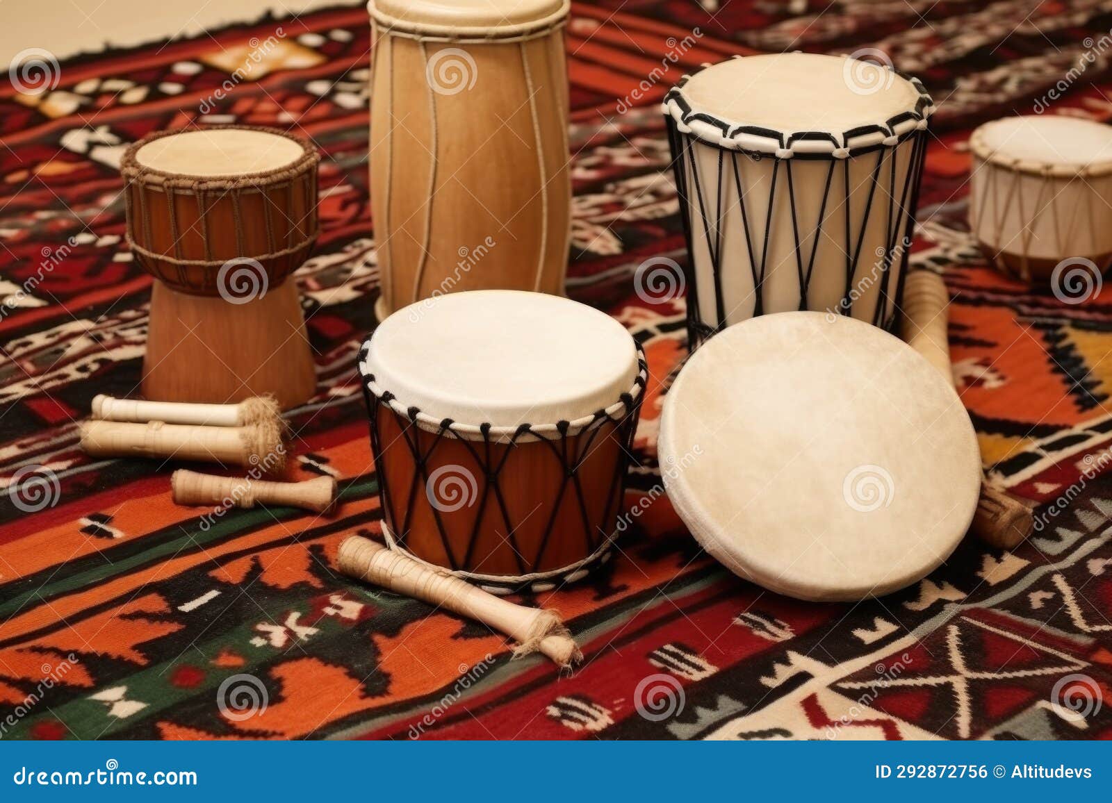 Variety of Multicultural Hand Drums Set on a Rug Stock Photo Image of