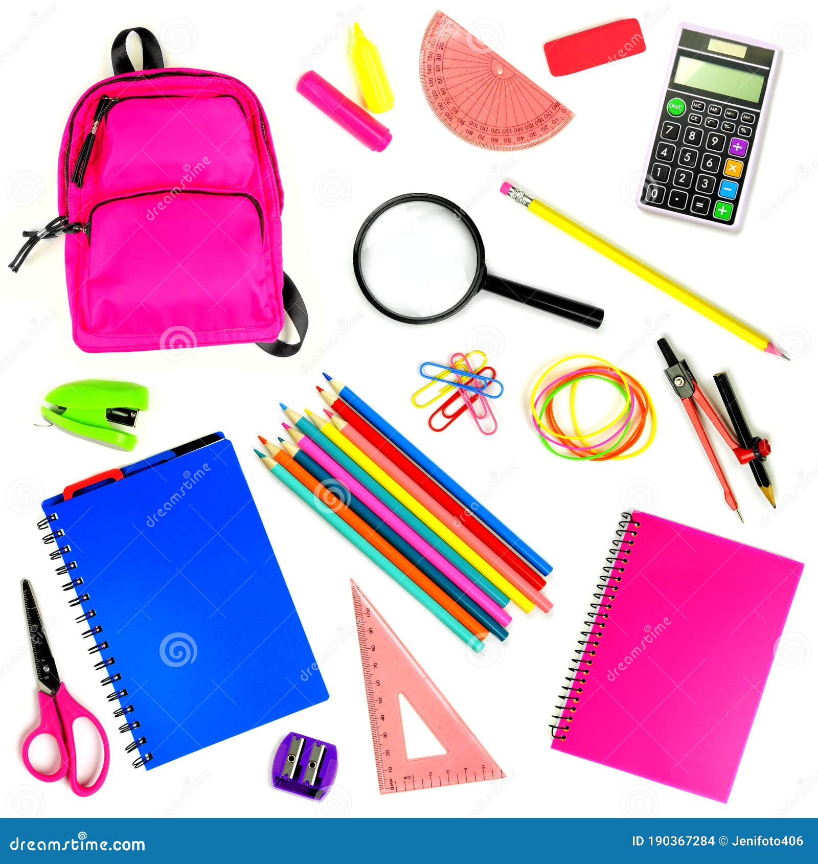 Variety of School or Office Supplies Individually Isolated on White