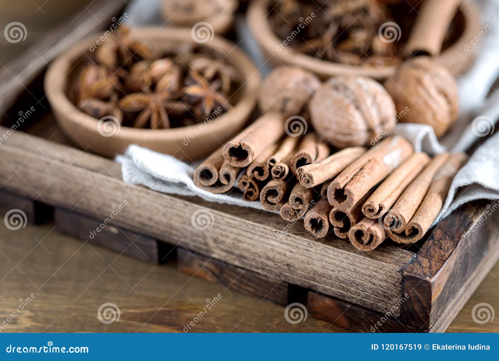 variety of spices anise stars cinnamone sticks nuts christmas ingredients for cake close up