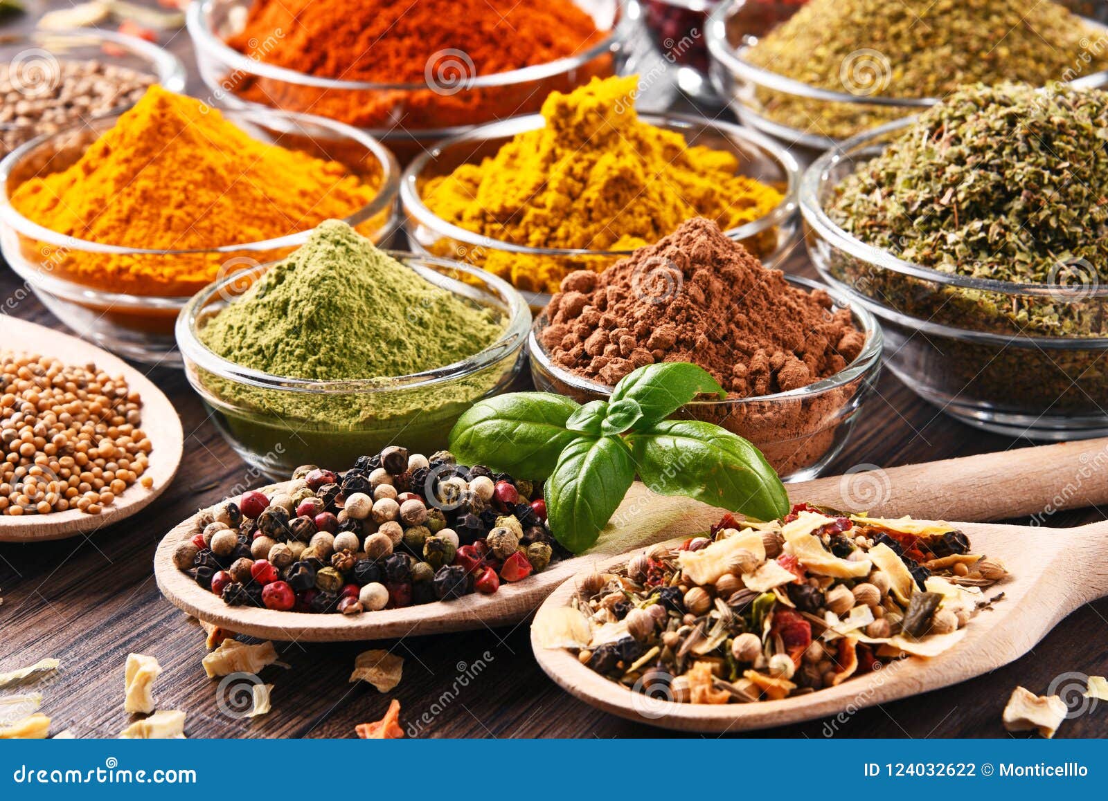 Variety of Spices and Herbs on Kitchen Table Stock Photo Image of