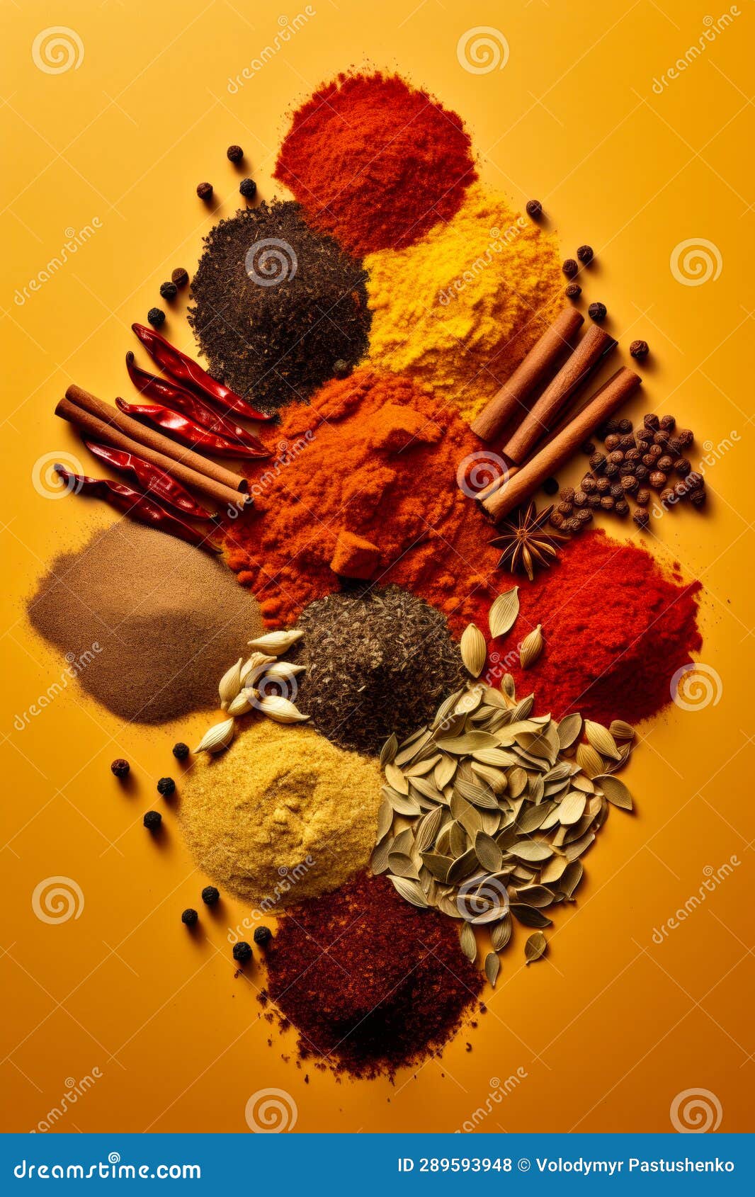 Variety of Spices and Herbs on Yellow Background. Generative AI Stock