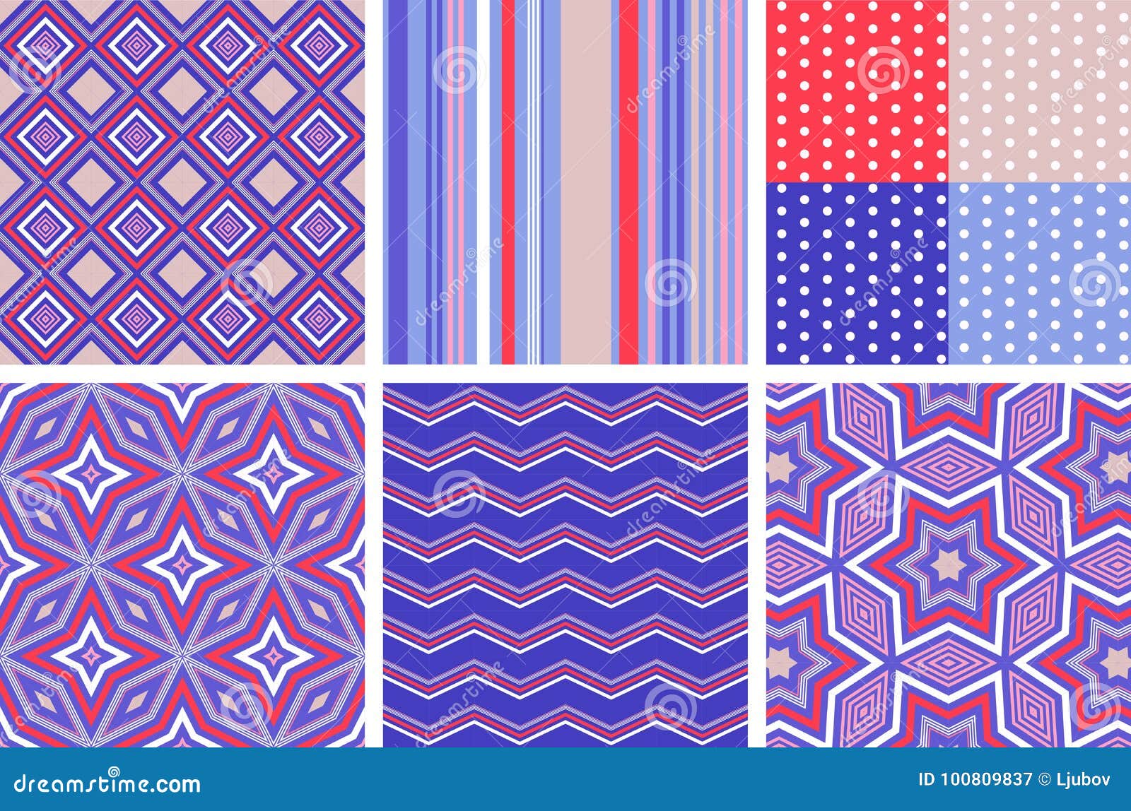 Variety Of Trendy Seamless Vector Patterns In Red Blue And White Color Scheme Stock Vector Illustration Of Abstract Decor 100809837