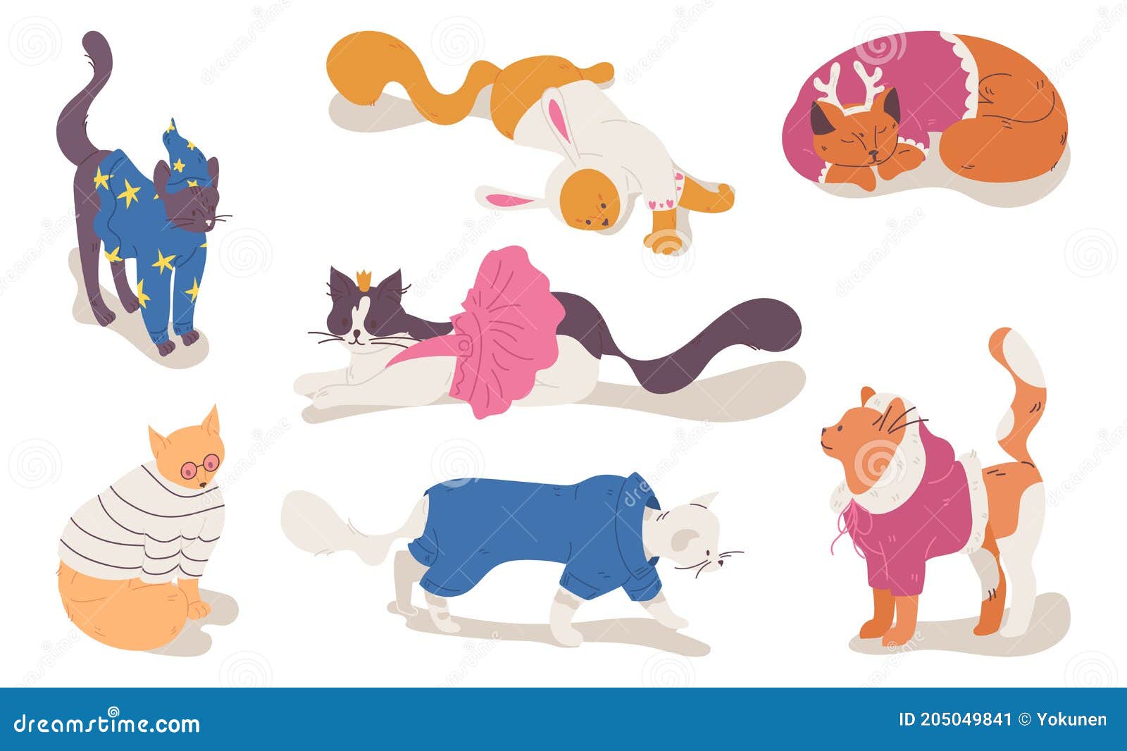 Varios Gatos En Bueno Para La Celebración De Gatito Desgaste Tienda Mascotas Accesorios. Dibujos Animados Personaje Stock de ilustración - Ilustración de ropa, fondo: 205049841