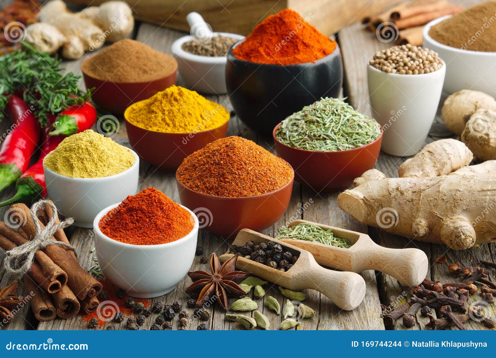 various aromatic colorful spices and herbs. ingredients for cooking, ayurveda treatments