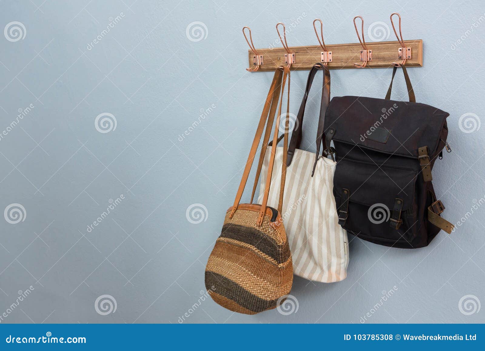 Various Bags Hanging on Hook Stock Photo Image of leather, material
