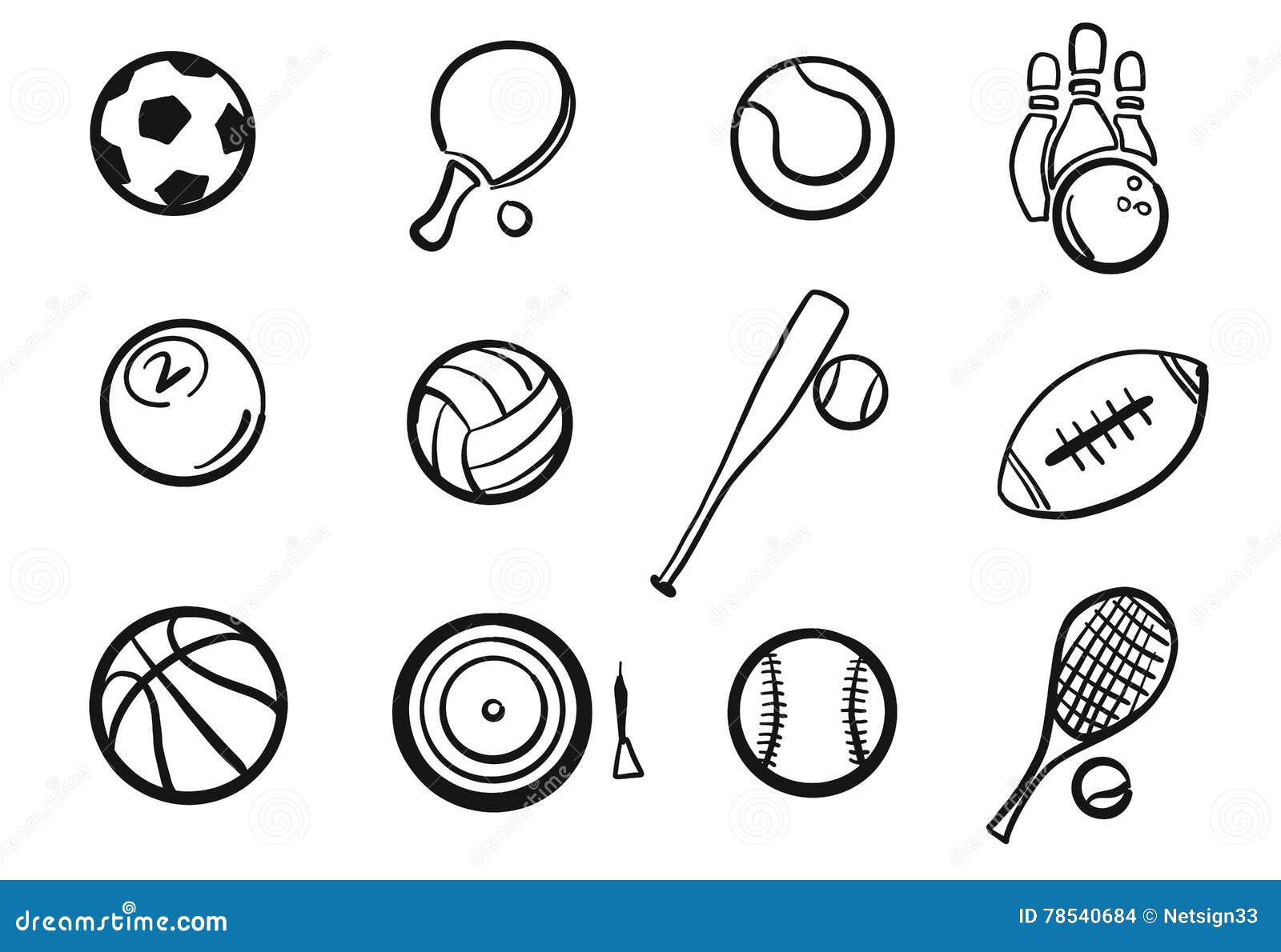 Various Balls Sports Equipment Sketched Set Stock Vector - Illustration of  drawing, graphic: 78540684