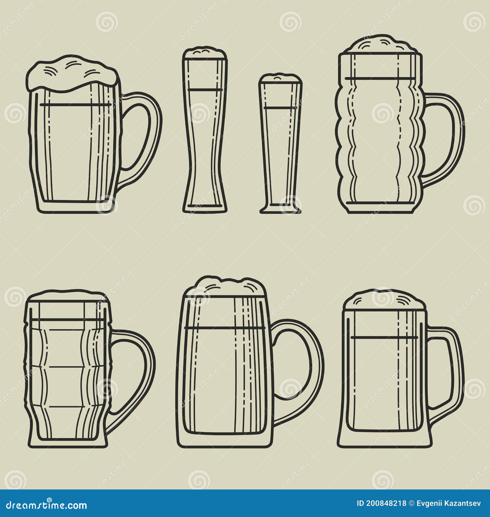 Various Beer Mugs and Glasses. Types of Beer Glassware Stock Vector