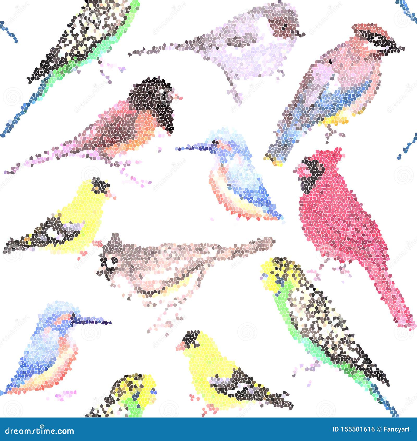 various birds stained glass art seamless background- budgie cardinal goldfinch titmouse kingfisher cedar waxwing juncos