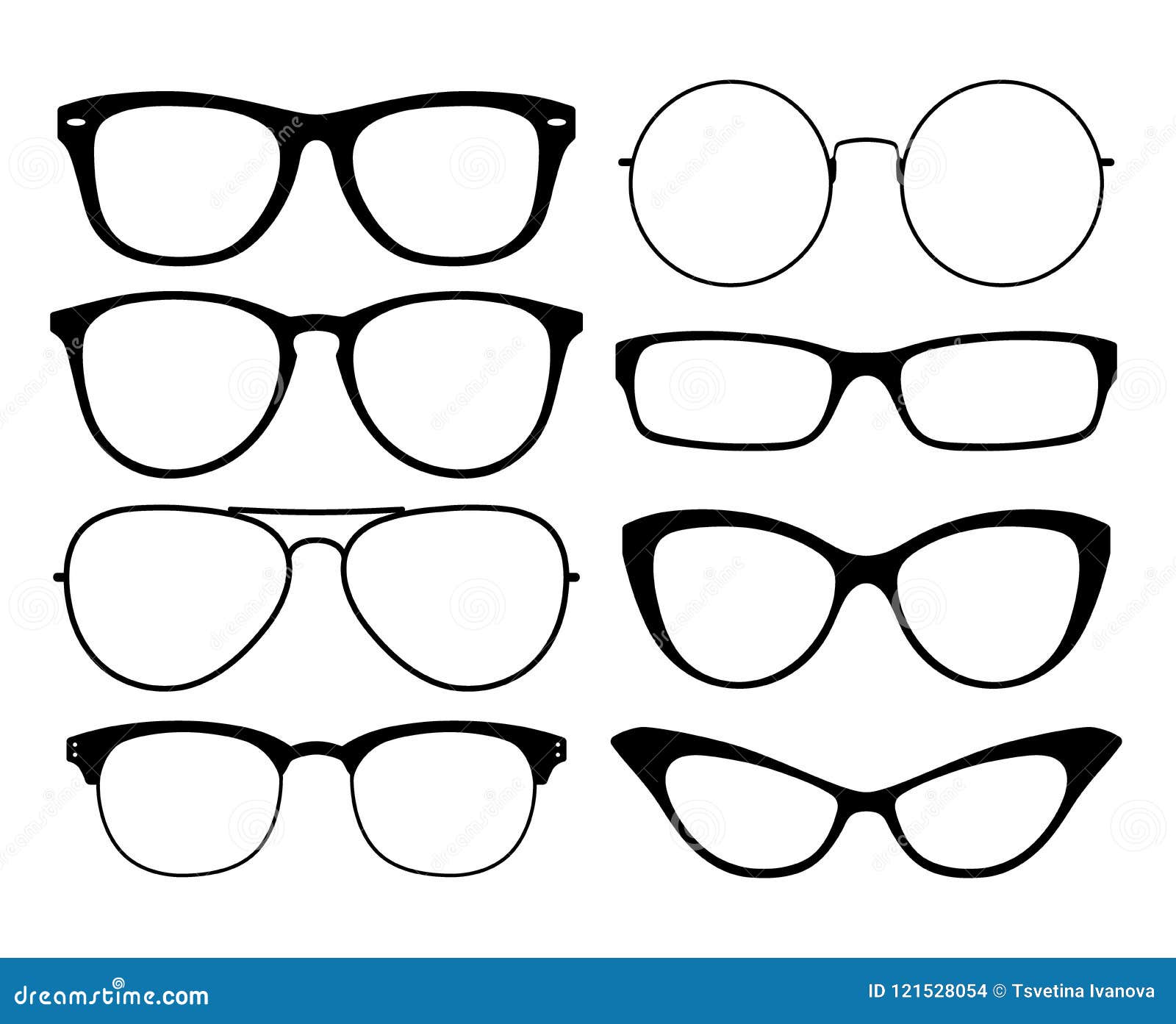 various black silhouete glasses. eyeglasses frames set.
