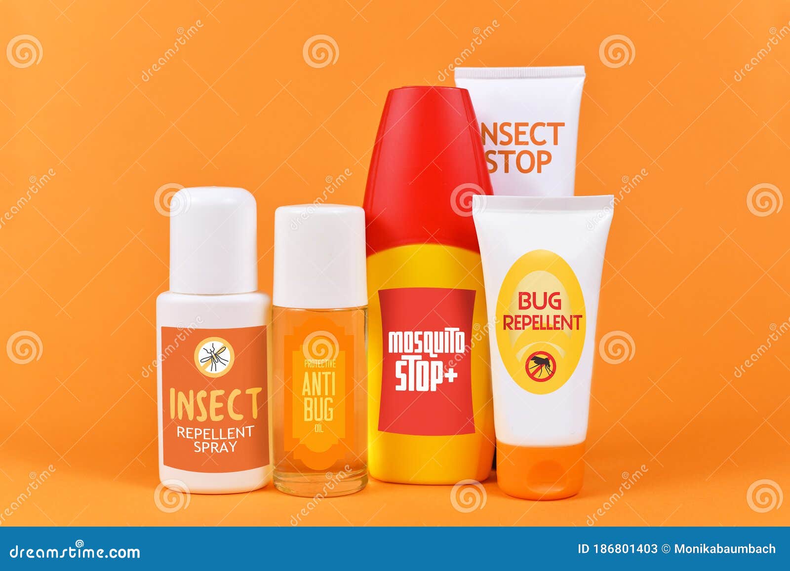 various bottles and tubes with insect repellent products with made up labels