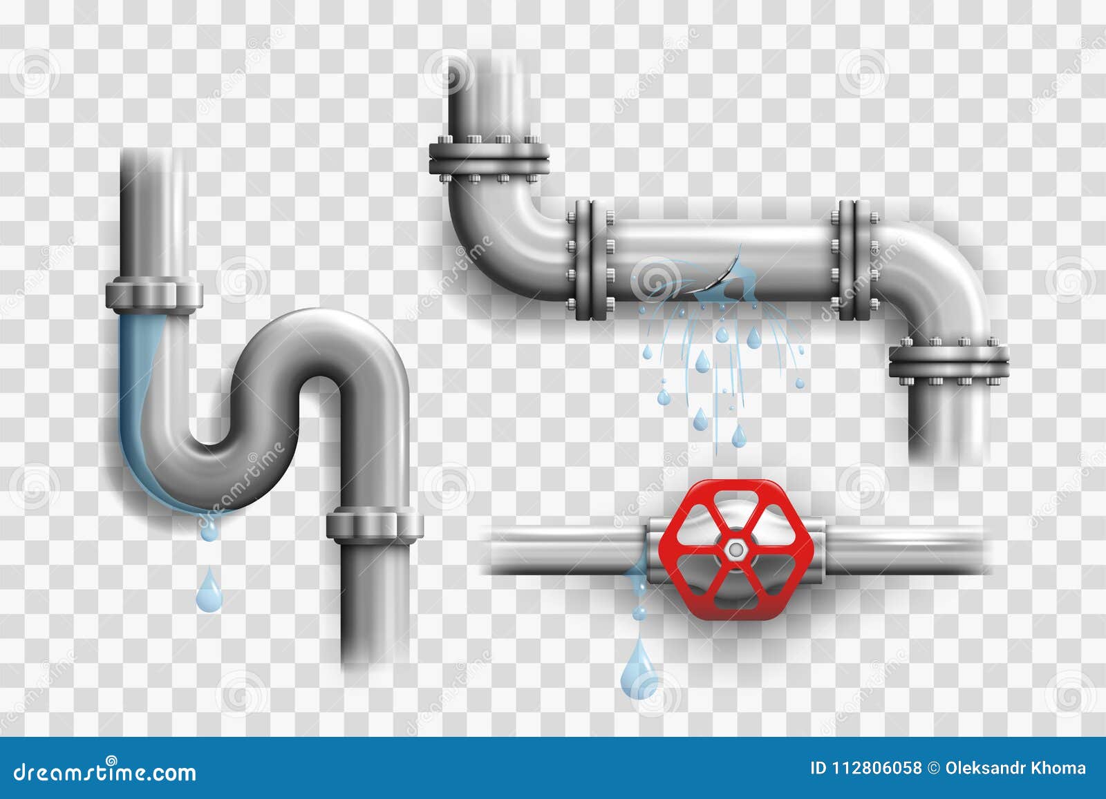 Various Broken Metal Pipes and Leaking Pipeline Elements Stock Vector