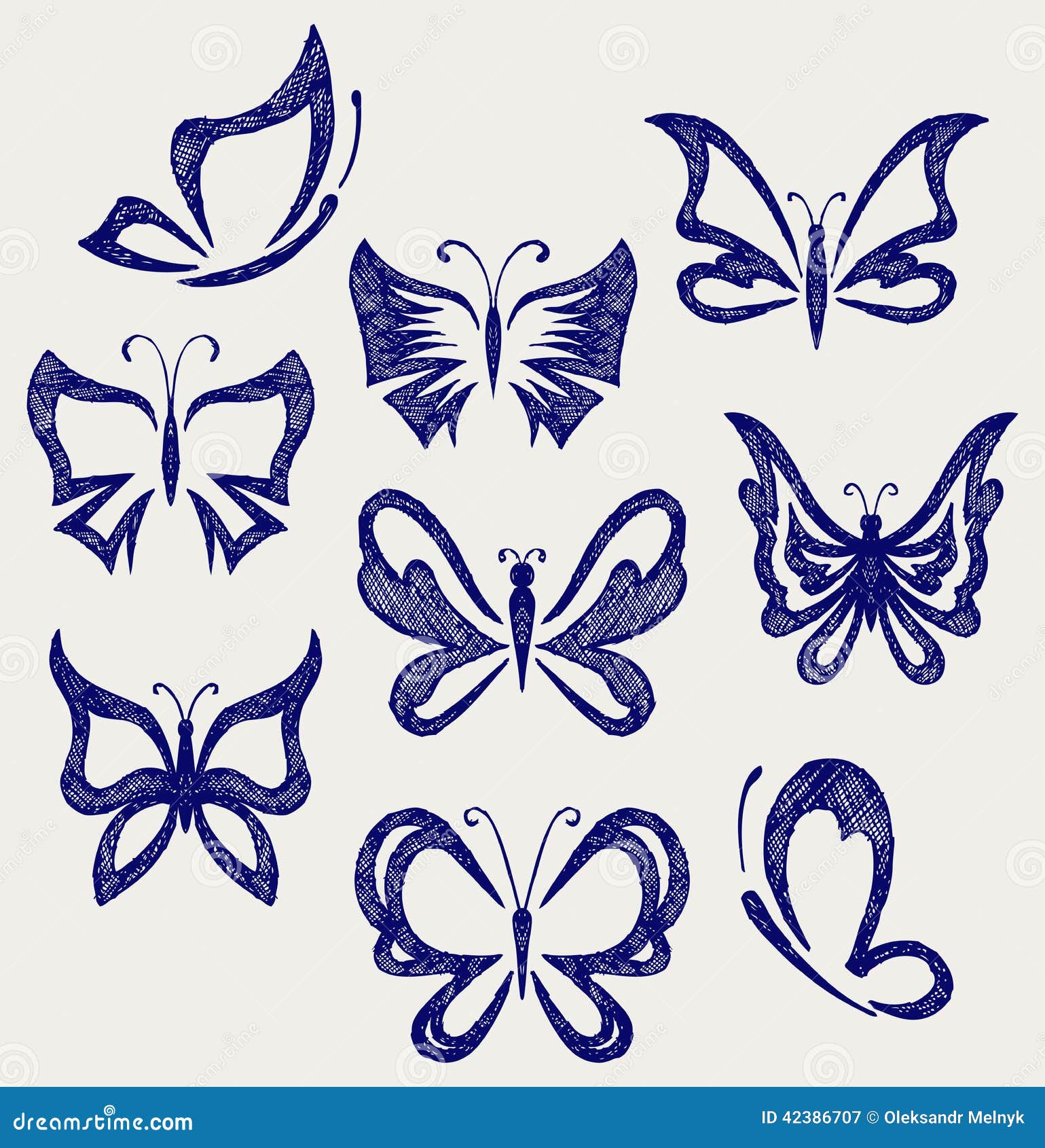 Various Butterflies. Doodle Style Stock Vector Illustration of