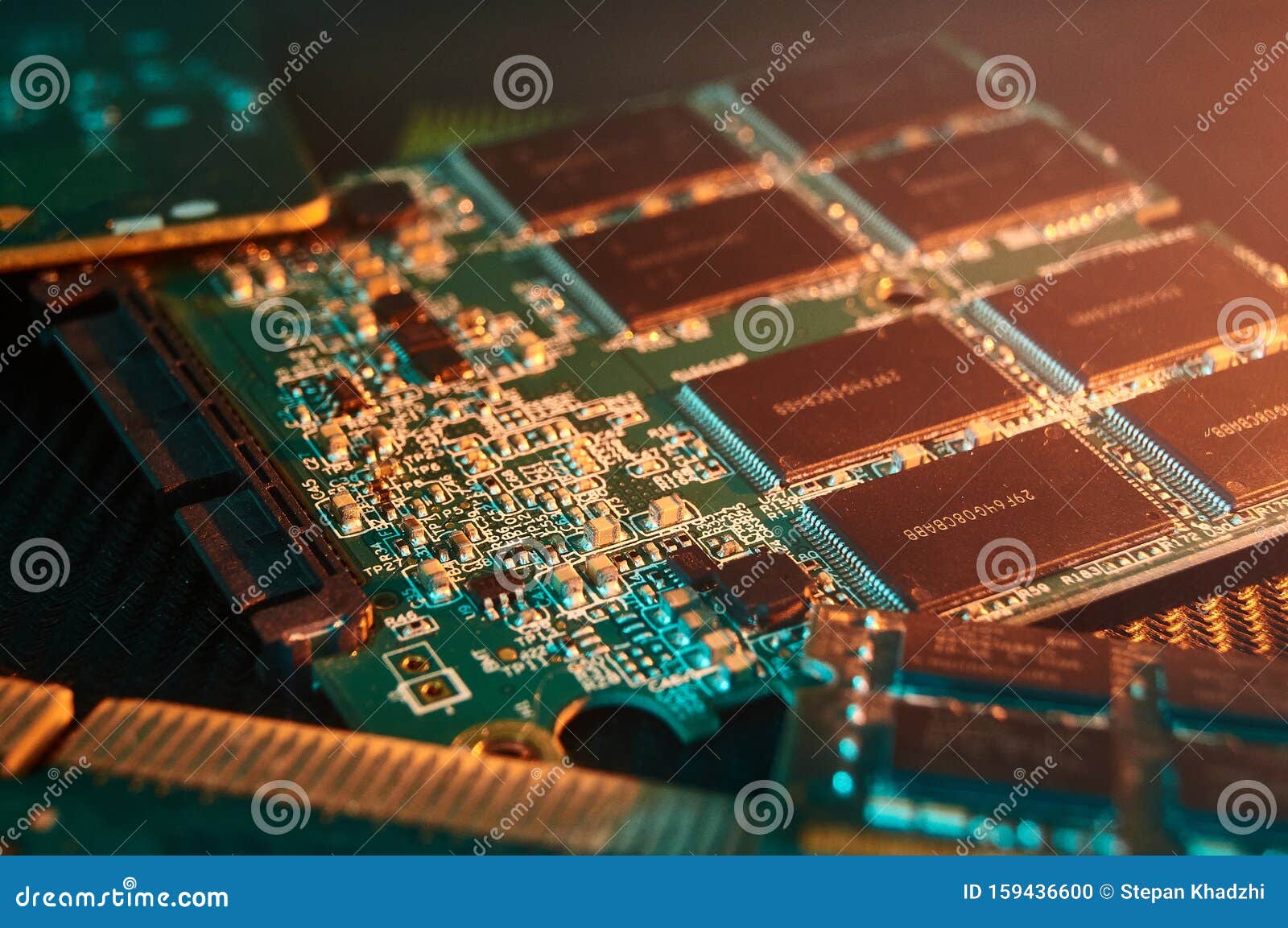 various chips, digital boards. components of technical devices in creative lighting. processor, ram and other parts