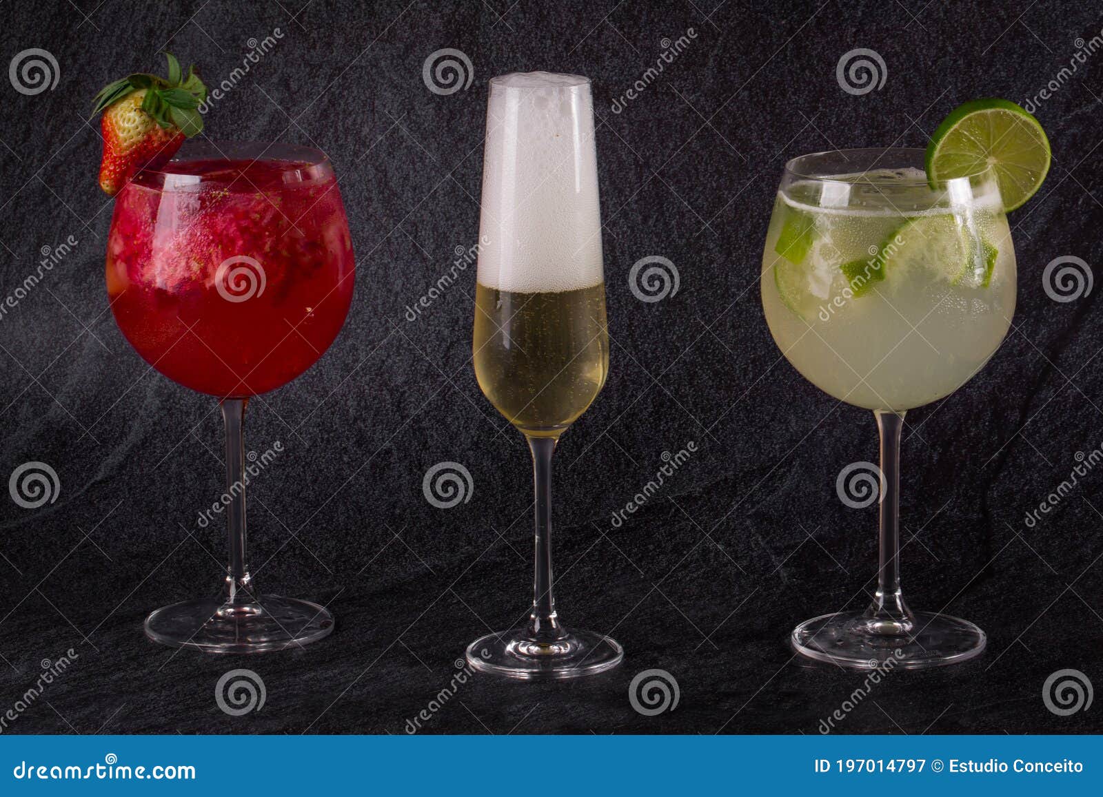 Various Cocktails. Gin Cocktails with Fruit and a Glass of Champagne