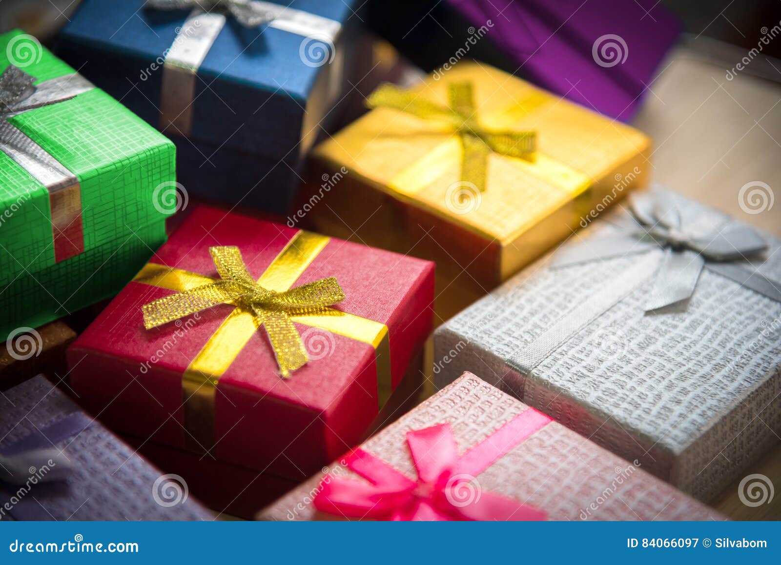 various color of christmas&happy new year gift boxes stack, reward holiday presents greeting celebration card concept
