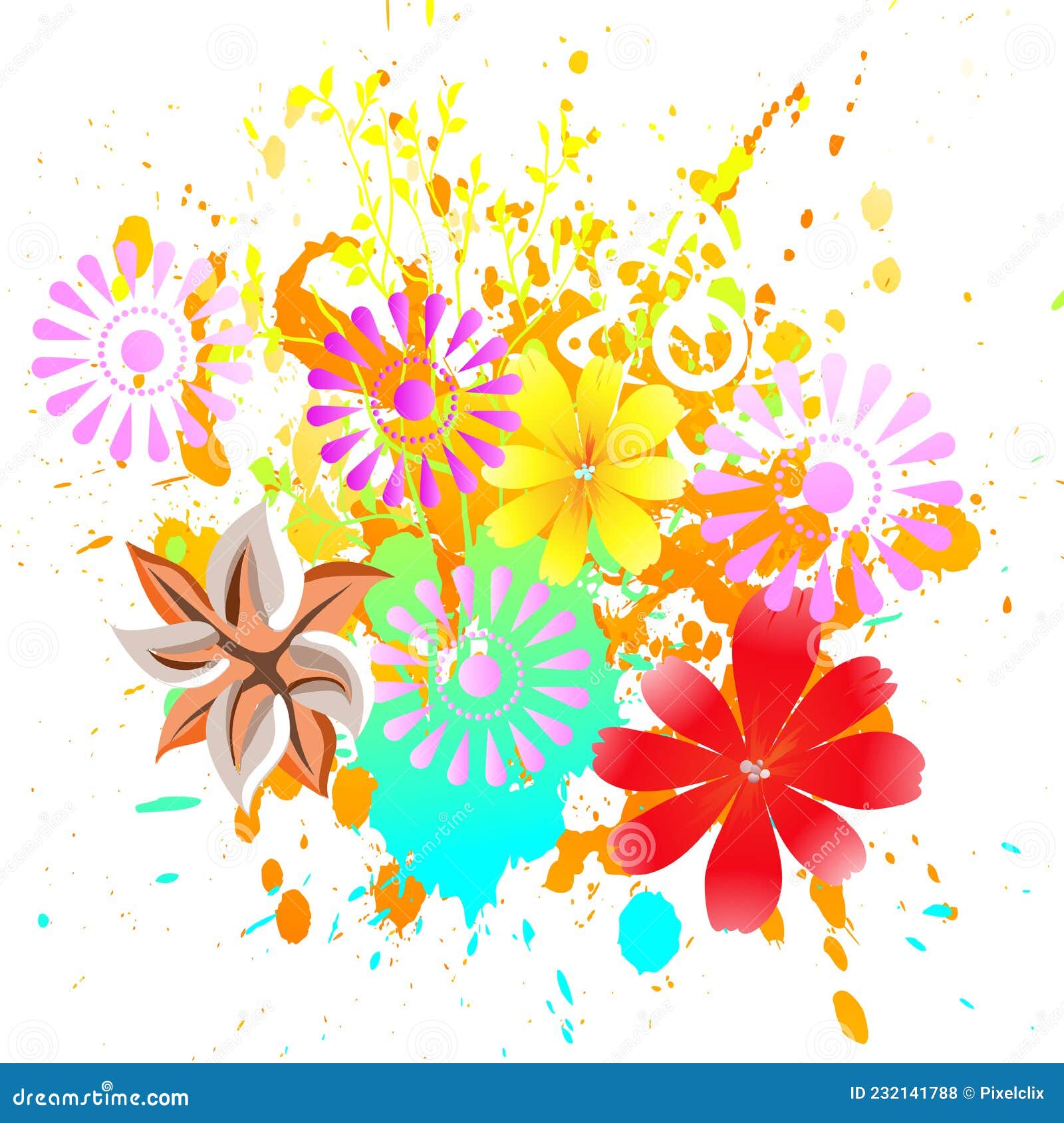 Various Colors of Floral Designs with Splashing Effects. Stock