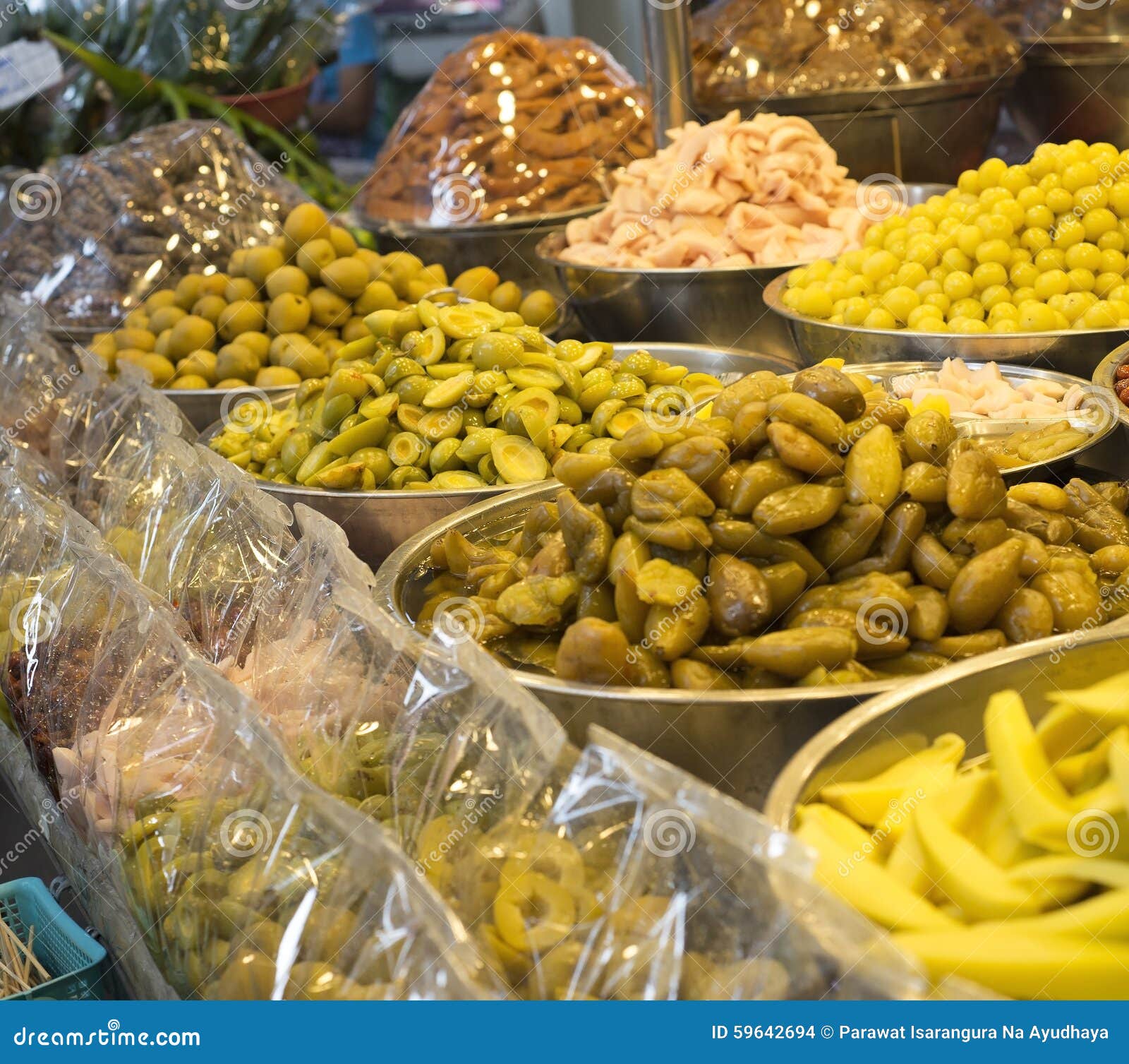 Various Compote Fruit, Thai Dessert in Street Market. Stock Photo