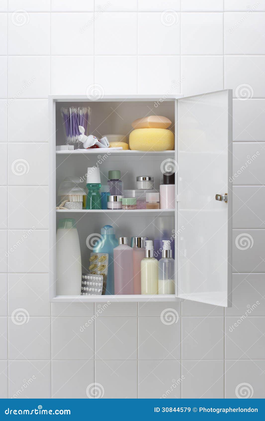 Various Cosmetics and Bath Products in Bathroom Stock Image