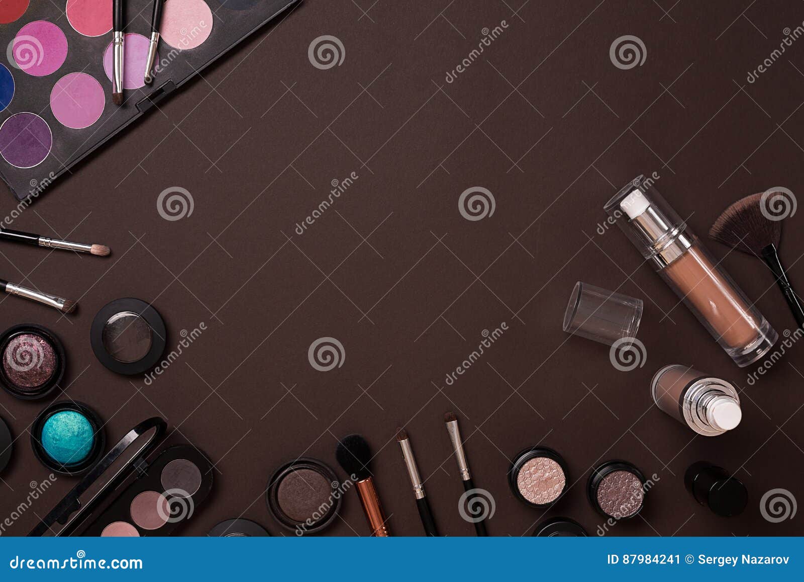 Various Cosmetics and Brushes on Brown Background Stock Image - Image ...