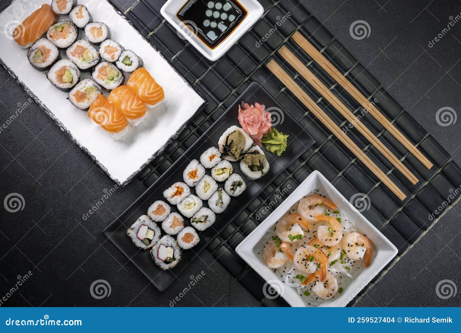 Various Dishes of Asian Cuisine with Typical Sushi Stock Photo Image