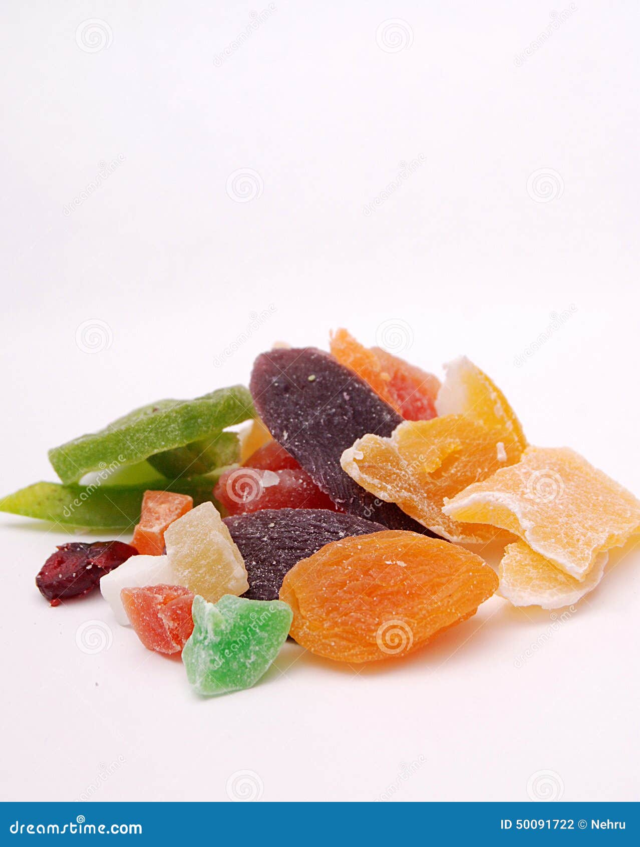 Picture of a Various dried fruits on white background