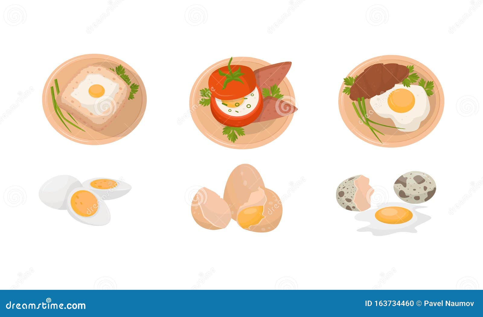 Various Egg Dishes for Breakfast, Brunch or Lunch Vector Illustration