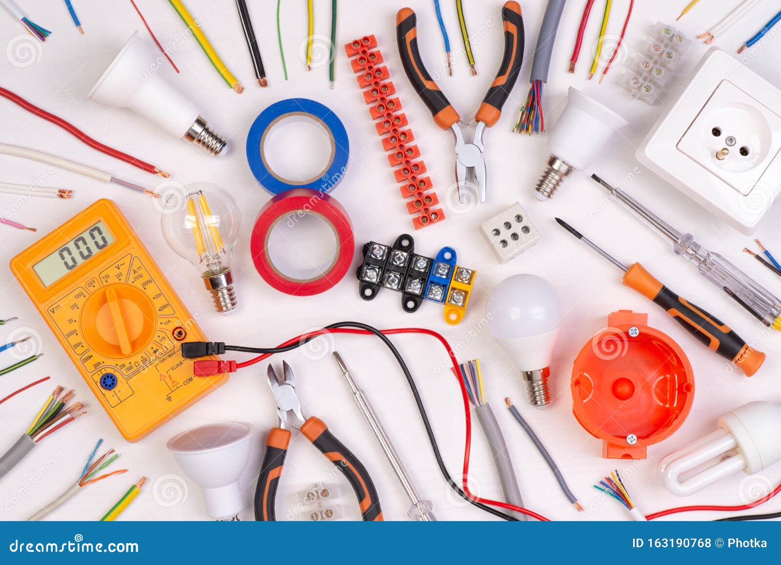 Electrician Equipment on White Background, Top View Stock Photo - Image of electric, tools: 163190768 Electrician Equipment on White Background, Top View Stock Photo - Image of electric, tools: 163190768