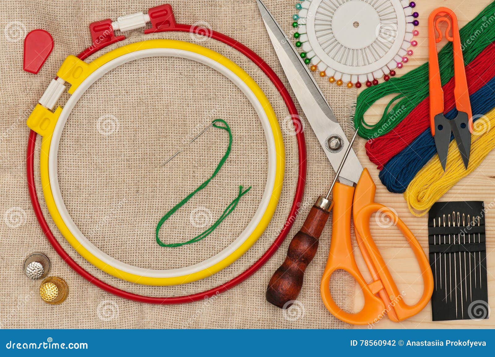 Various Embroidery Accessories Stock Photo Image of bead, scissors 78560942