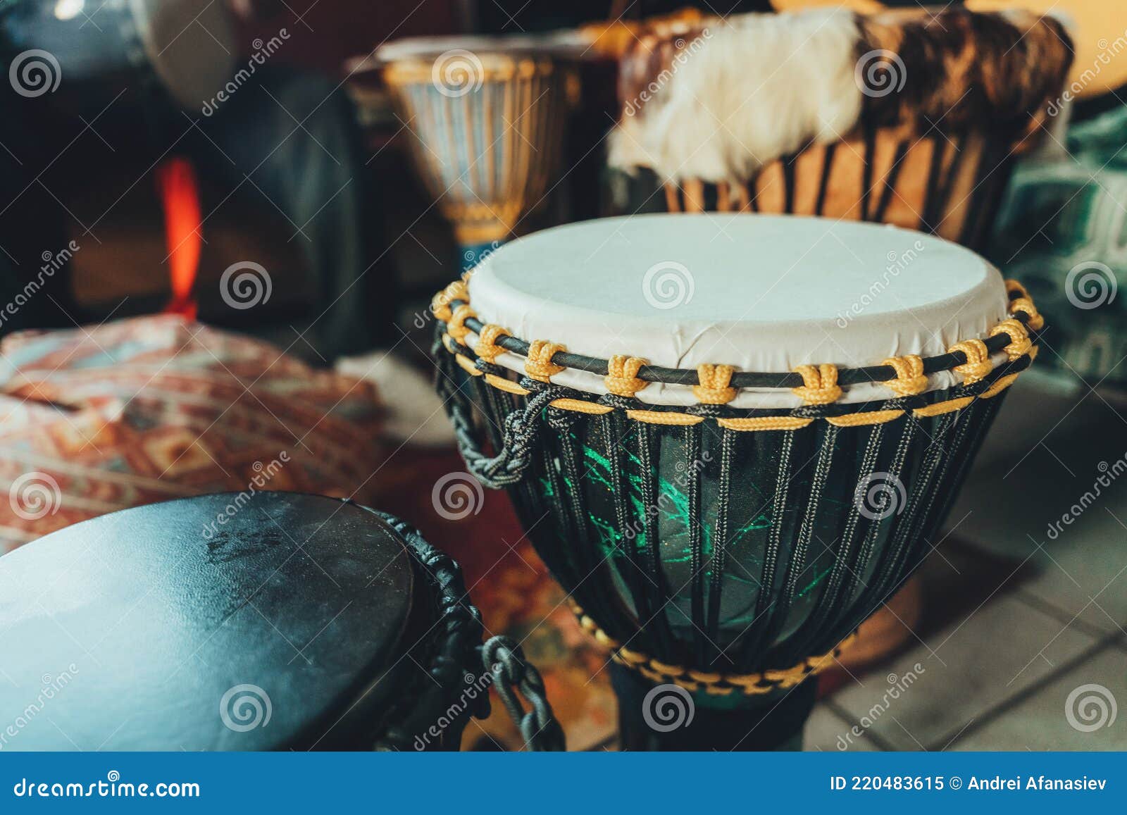 Various Ethnic Percussion Musical Instruments Djembe Drums Stock Image