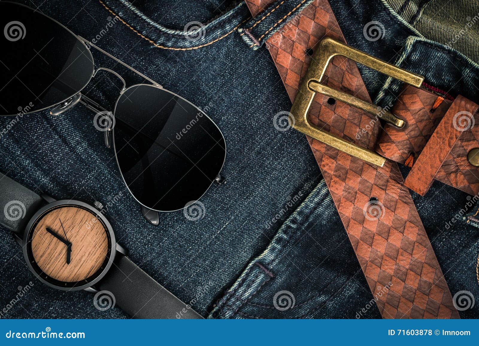 various fashions of sunglasses, wrist watches and belt