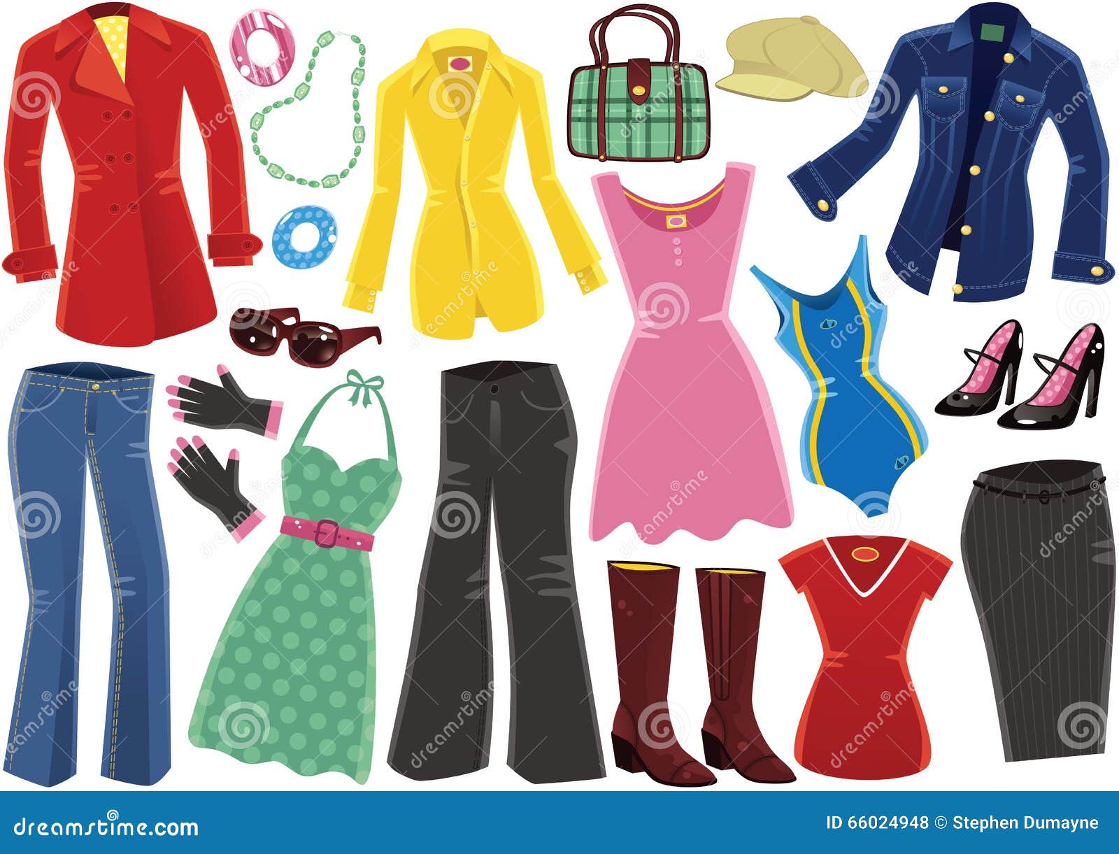Various Female Clothing Items Stock Vector - Illustration of denim ...